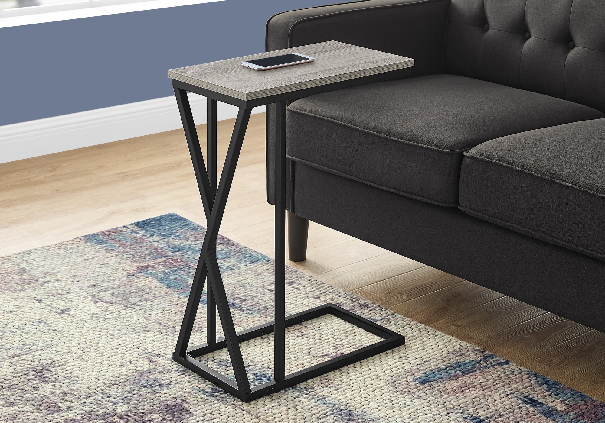I 3248 Table D'appoint, En Forme De C, Bout, Côté, Collation, Salon, Chambre À Coucher, Métal, Stratifié, Gris, Noir, Contemporain, Moderne - Simple Boutique