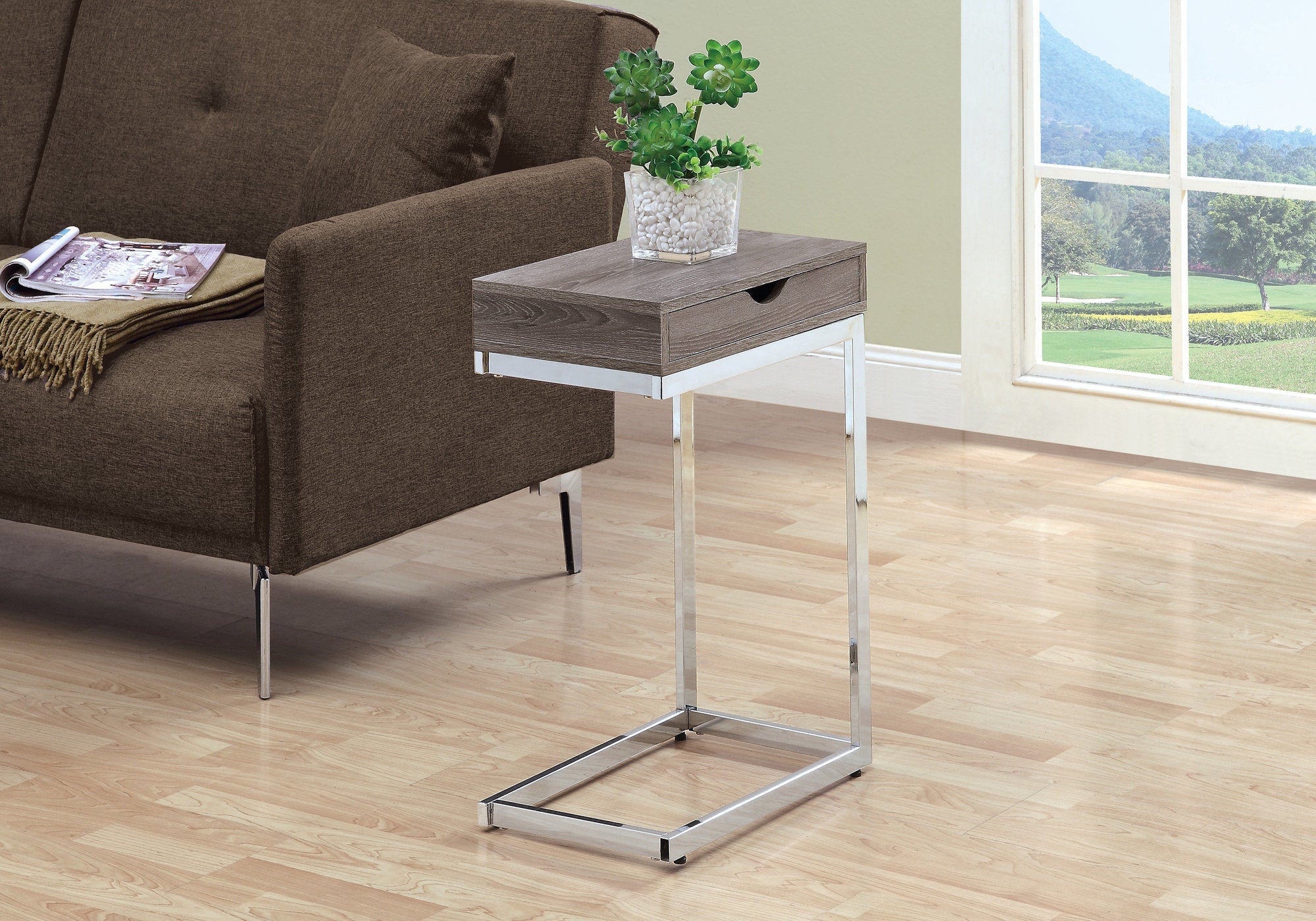 I 3254 Table D'appoint, En Forme De C, Bout, Côté, Collation, Tiroir De Rangement, Salon, Chambre À Coucher, Métal, Stratifié, Brun, Chrome, Contemporain, Moderne - Simple Boutique