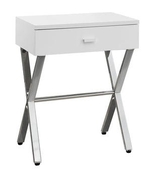 I 3262 Table D'appoint, Côté, Bout, Table De Nuit, Lampe, Tiroir De Rangement, Salon, Chambre À Coucher, Métal, Stratifié, Blanc Lustré, Chrome, Contemporain, Moderne - Simple Boutique