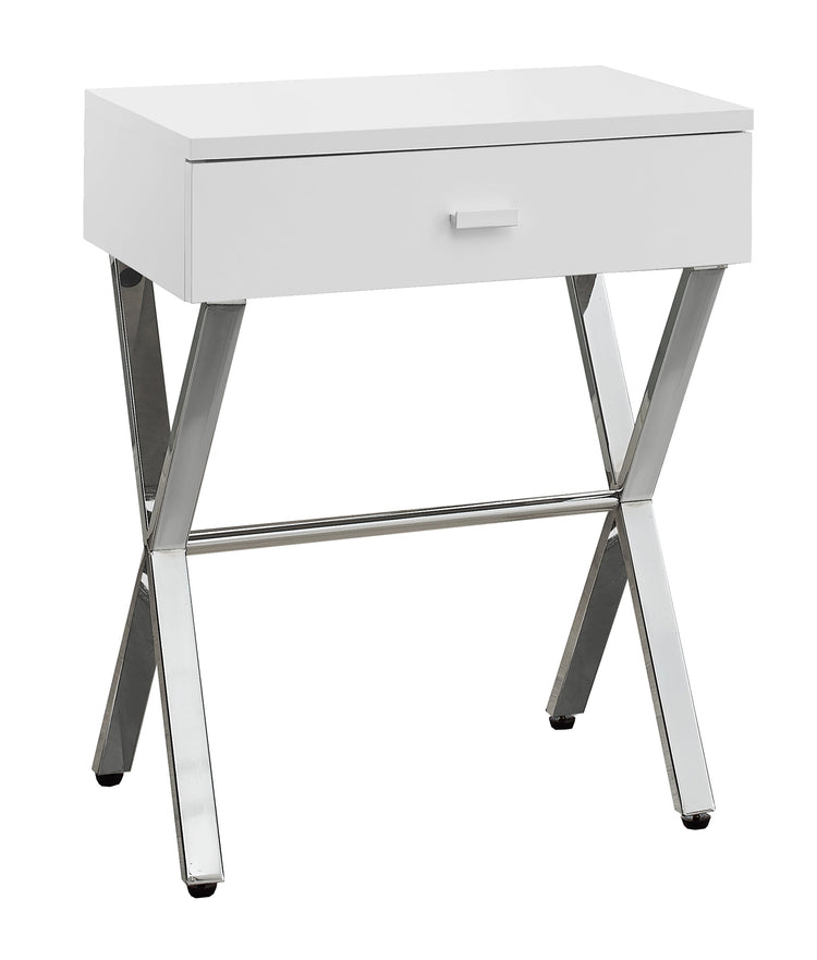 I 3262 Table D'appoint, Côté, Bout, Table De Nuit, Lampe, Tiroir De Rangement, Salon, Chambre À Coucher, Métal, Stratifié, Blanc Lustré, Chrome, Contemporain, Moderne - Simple Boutique