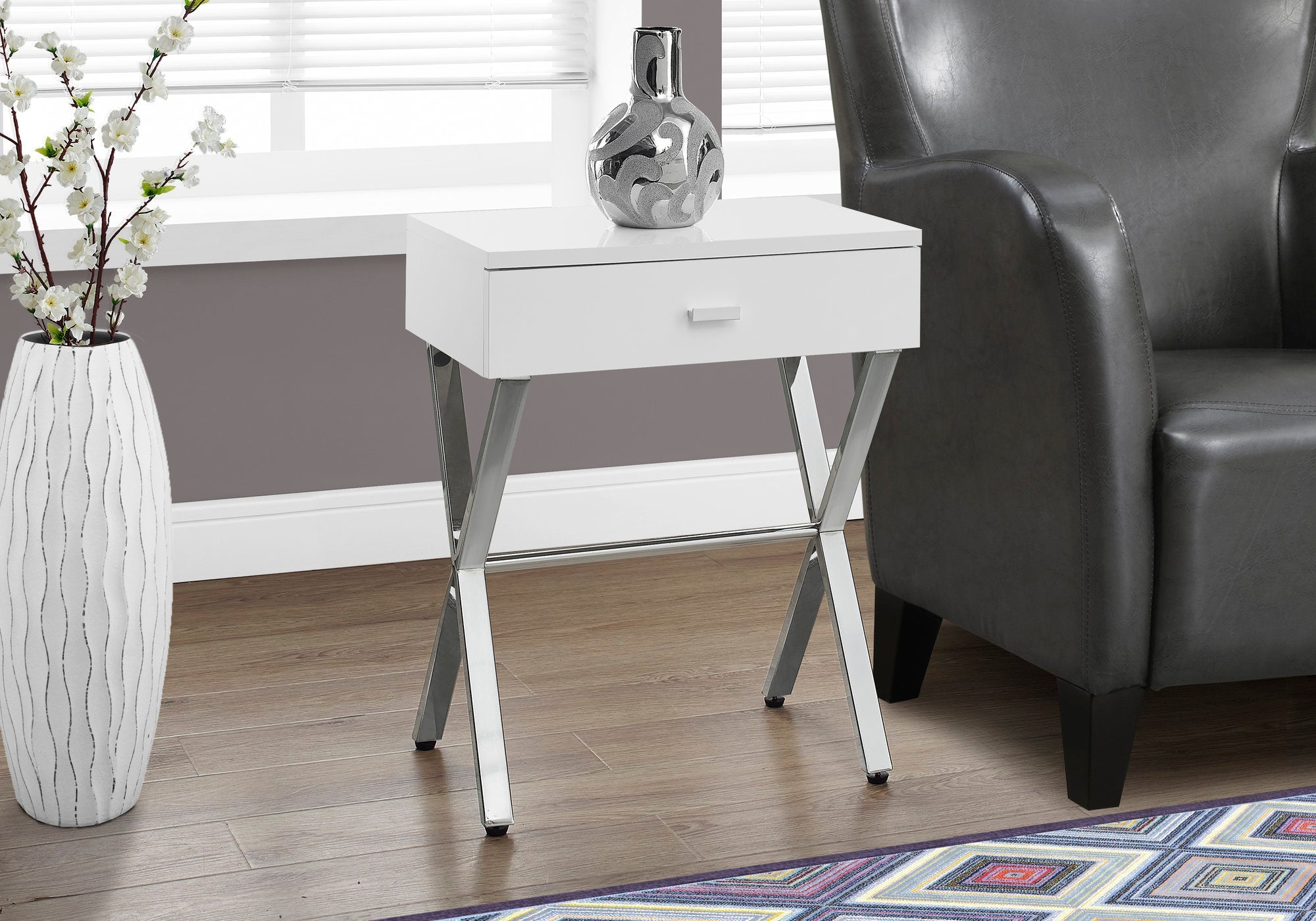 I 3262 Table D'appoint, Côté, Bout, Table De Nuit, Lampe, Tiroir De Rangement, Salon, Chambre À Coucher, Métal, Stratifié, Blanc Lustré, Chrome, Contemporain, Moderne - Simple Boutique