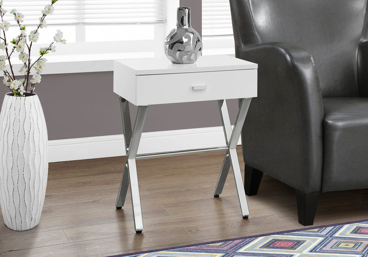 I 3262 Table D'appoint, Côté, Bout, Table De Nuit, Lampe, Tiroir De Rangement, Salon, Chambre À Coucher, Métal, Stratifié, Blanc Lustré, Chrome, Contemporain, Moderne - Simple Boutique