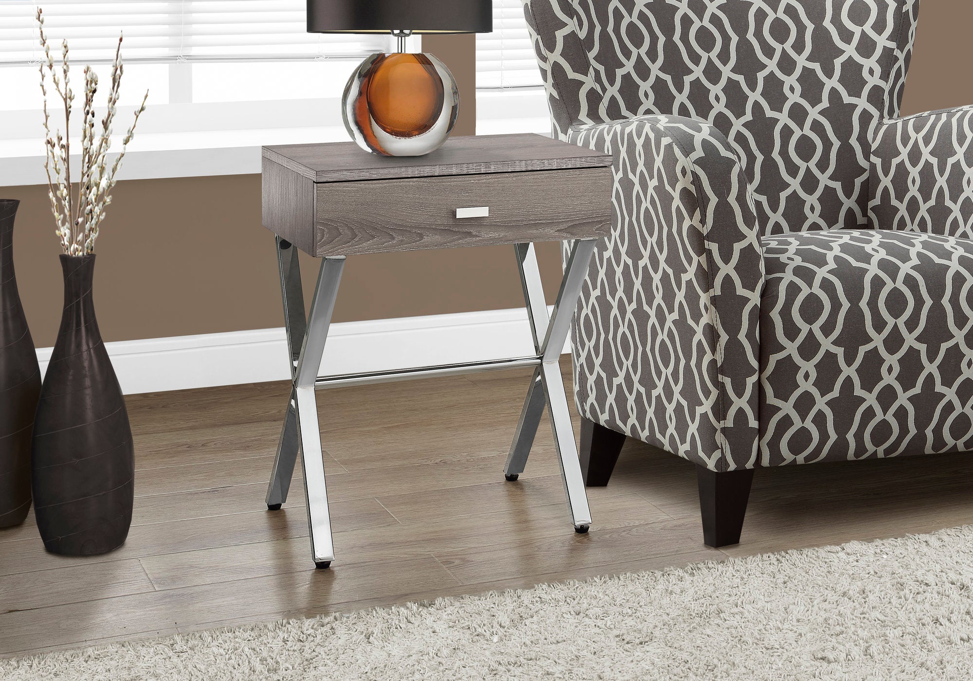 I 3263 Table D'appoint, Côté, Bout, Table De Nuit, Lampe, Tiroir De Rangement, Salon, Chambre À Coucher, Métal, Stratifié, Brun, Chrome, Contemporain, Moderne - Simple Boutique