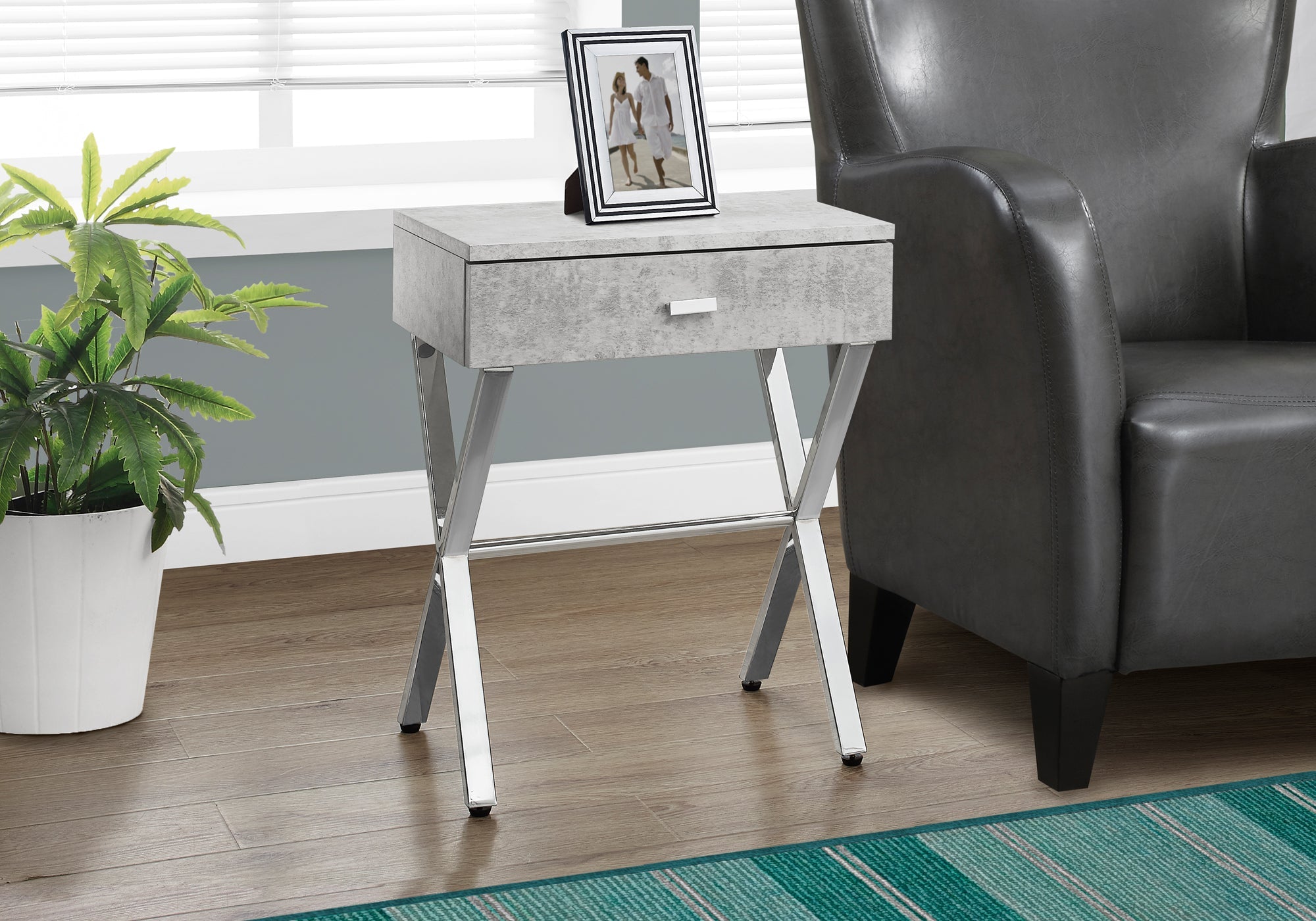 I 3264 Table D'appoint, Côté, Bout, Table De Nuit, Lampe, Tiroir De Rangement, Salon, Chambre À Coucher, Métal, Stratifié, Gris, Chrome, Contemporain, Moderne - Simple Boutique