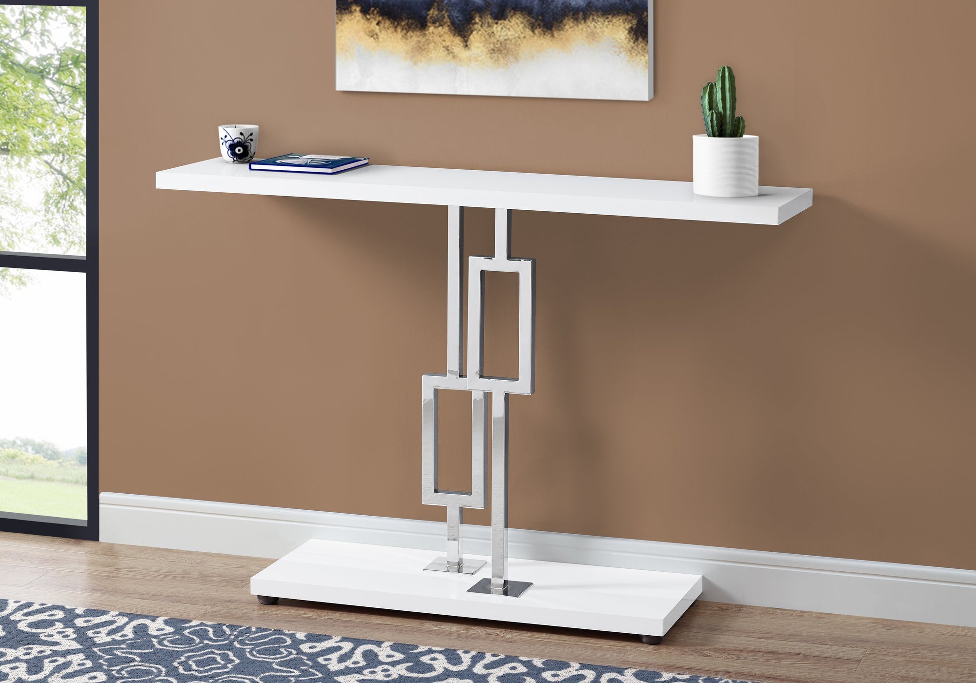 I 3266 Table D'appoint, Console, Entrée, Étroit, Sofa, Salon, Chambre À Coucher, Métal, Stratifié, Blanc Lustré, Chrome, Contemporain, Moderne - Simple Boutique