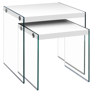 I 3287 Tables Gigognes, Lot De 2, Côté, Bout, Accent, Salon, Chambre À Coucher, Verre Trempé, Stratifié, Blanc Lustré, Dégager, Contemporain, Moderne - Simple Boutique