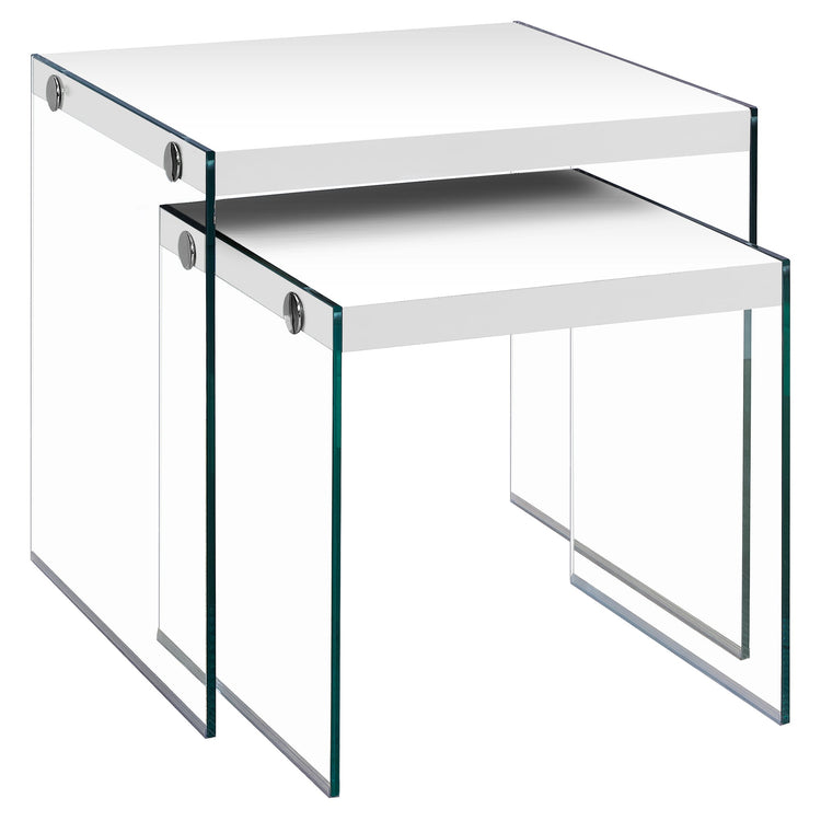 I 3287 Tables Gigognes, Lot De 2, Côté, Bout, Accent, Salon, Chambre À Coucher, Verre Trempé, Stratifié, Blanc Lustré, Dégager, Contemporain, Moderne - Simple Boutique