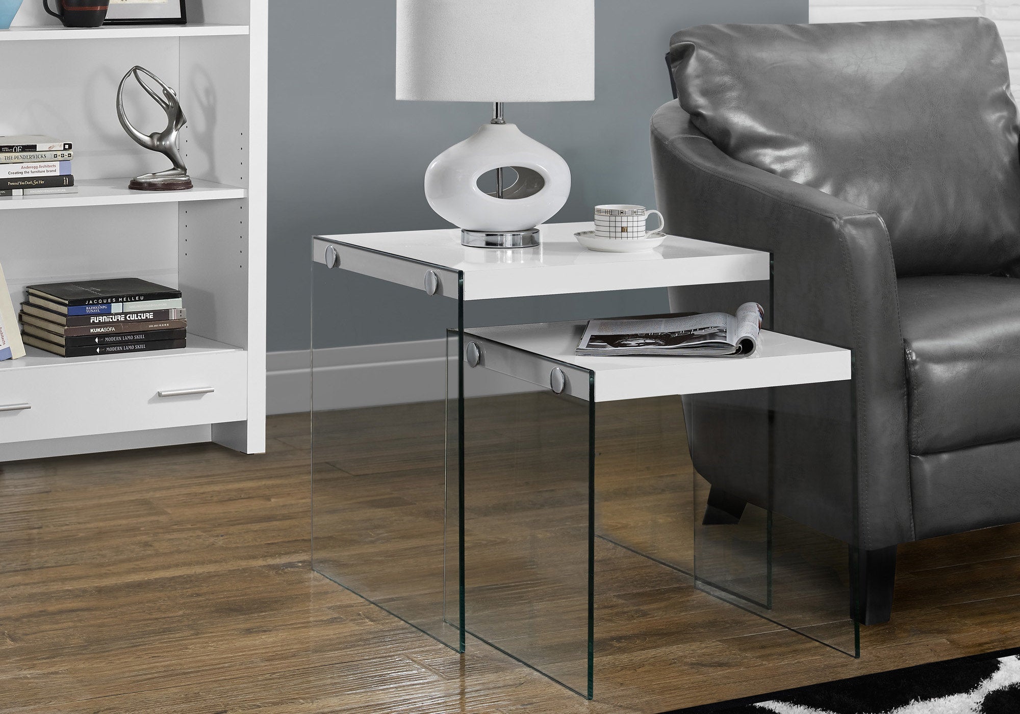 I 3287 Tables Gigognes, Lot De 2, Côté, Bout, Accent, Salon, Chambre À Coucher, Verre Trempé, Stratifié, Blanc Lustré, Dégager, Contemporain, Moderne - Simple Boutique