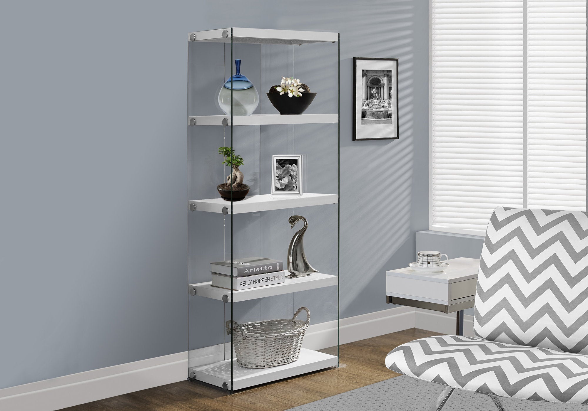 I 3289 Étagère À Livres, Étagère, Étagère, 5 Niveaux, 60"h, Bureau, Chambre À Coucher, Verre Trempé, Stratifié, Blanc Lustré, Dégager, Contemporain, Moderne - Simple Boutique