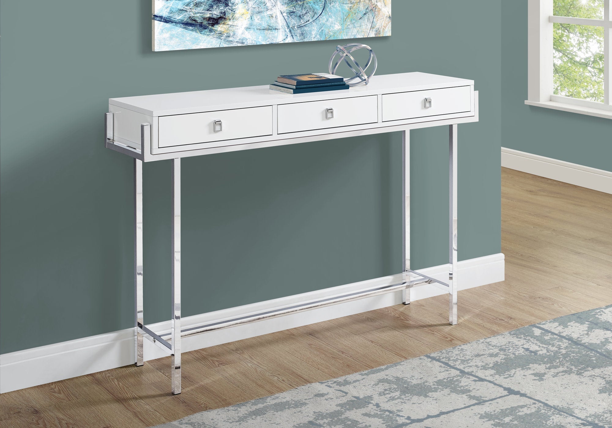 I 3297 Table D'appoint, Console, Entrée, Étroit, Sofa, Tiroir De Rangement, Salon, Chambre À Coucher, Métal, Stratifié, Blanc Lustré, Chrome, Contemporain, Moderne - Simple Boutique