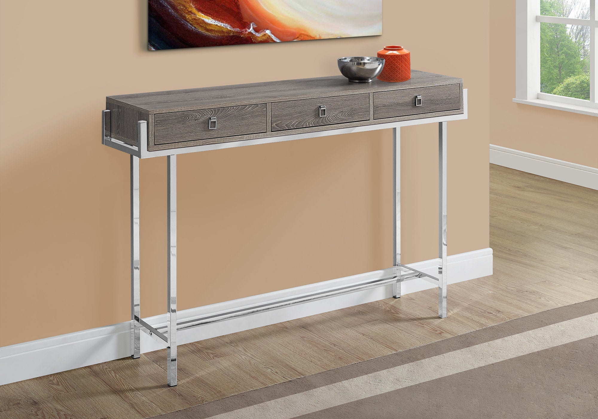 I 3299 Table D'appoint, Console, Entrée, Étroit, Sofa, Tiroir De Rangement, Salon, Chambre À Coucher, Métal, Stratifié, Brun, Chrome, Contemporain, Moderne - Simple Boutique