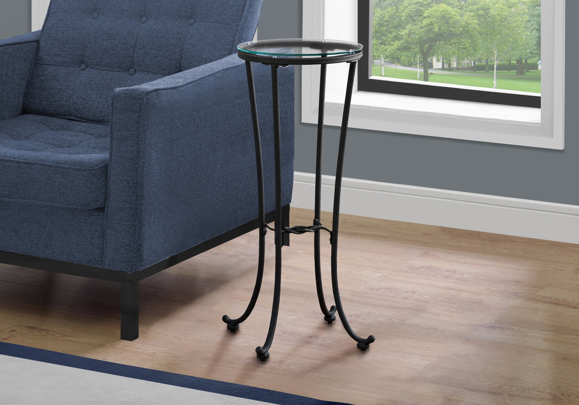 I 3332 Table D'appoint, Côté, Bout, Support Pour Plantes, Rond, Salon, Chambre À Coucher, Métal, Verre Trempé, Noir, Dégager, Contemporain, Moderne - Simple Boutique