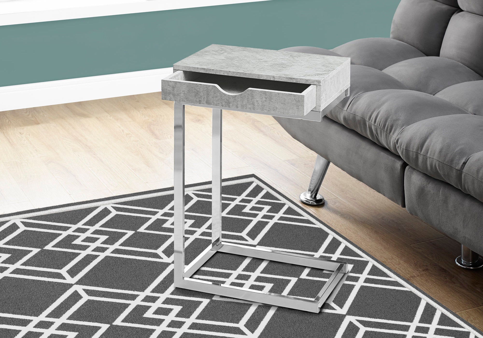 I 3373 Table D'appoint, En Forme De C, Bout, Côté, Collation, Tiroir De Rangement, Salon, Chambre À Coucher, Métal, Stratifié, Gris, Chrome, Contemporain, Moderne - Simple Boutique