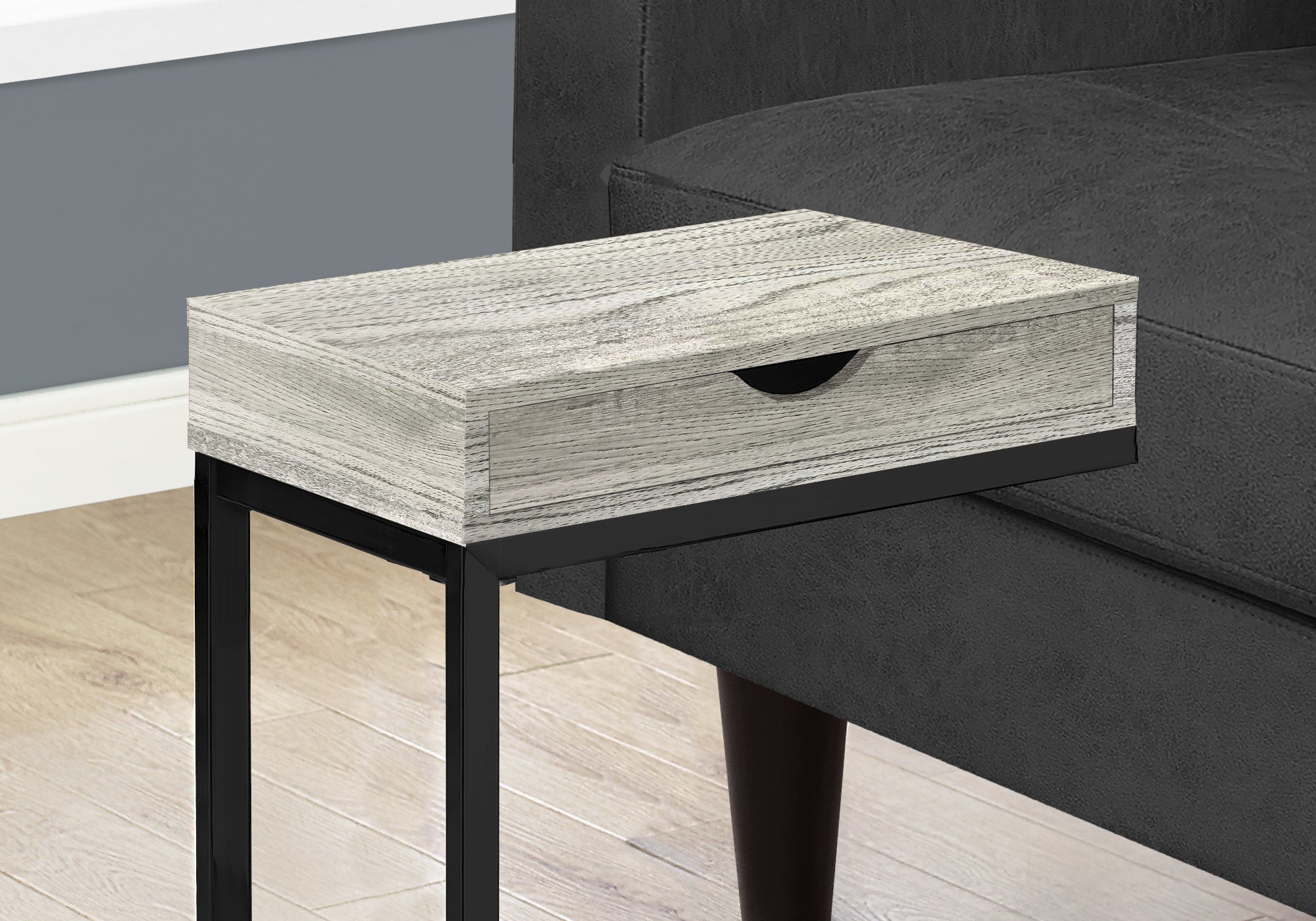 I 3407 Table D'appoint, En Forme De C, Bout, Côté, Collation, Tiroir De Rangement, Salon, Chambre À Coucher, Métal, Stratifié, Gris, Noir, Contemporain, Moderne - Simple Boutique