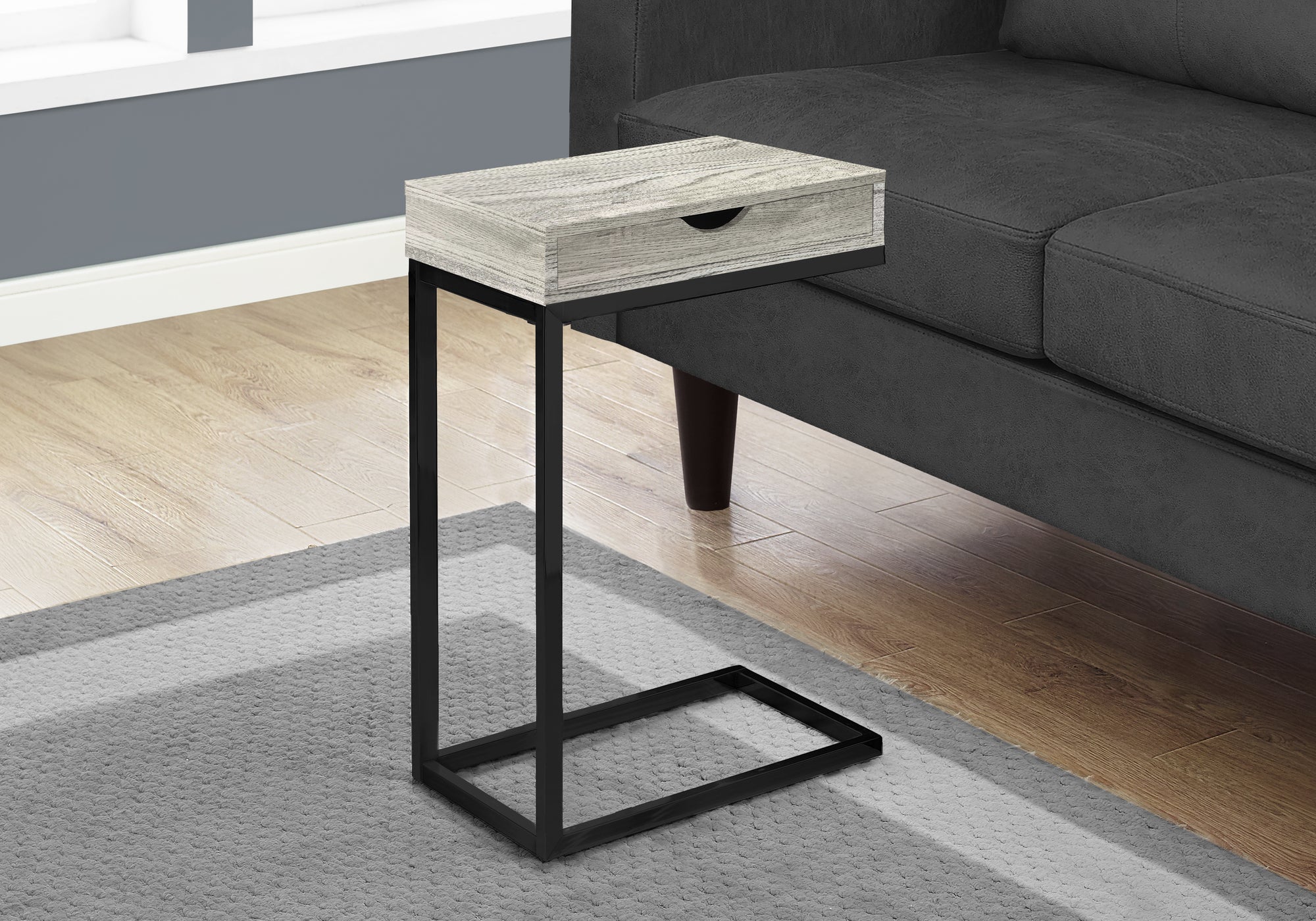 I 3407 Table D'appoint, En Forme De C, Bout, Côté, Collation, Tiroir De Rangement, Salon, Chambre À Coucher, Métal, Stratifié, Gris, Noir, Contemporain, Moderne - Simple Boutique
