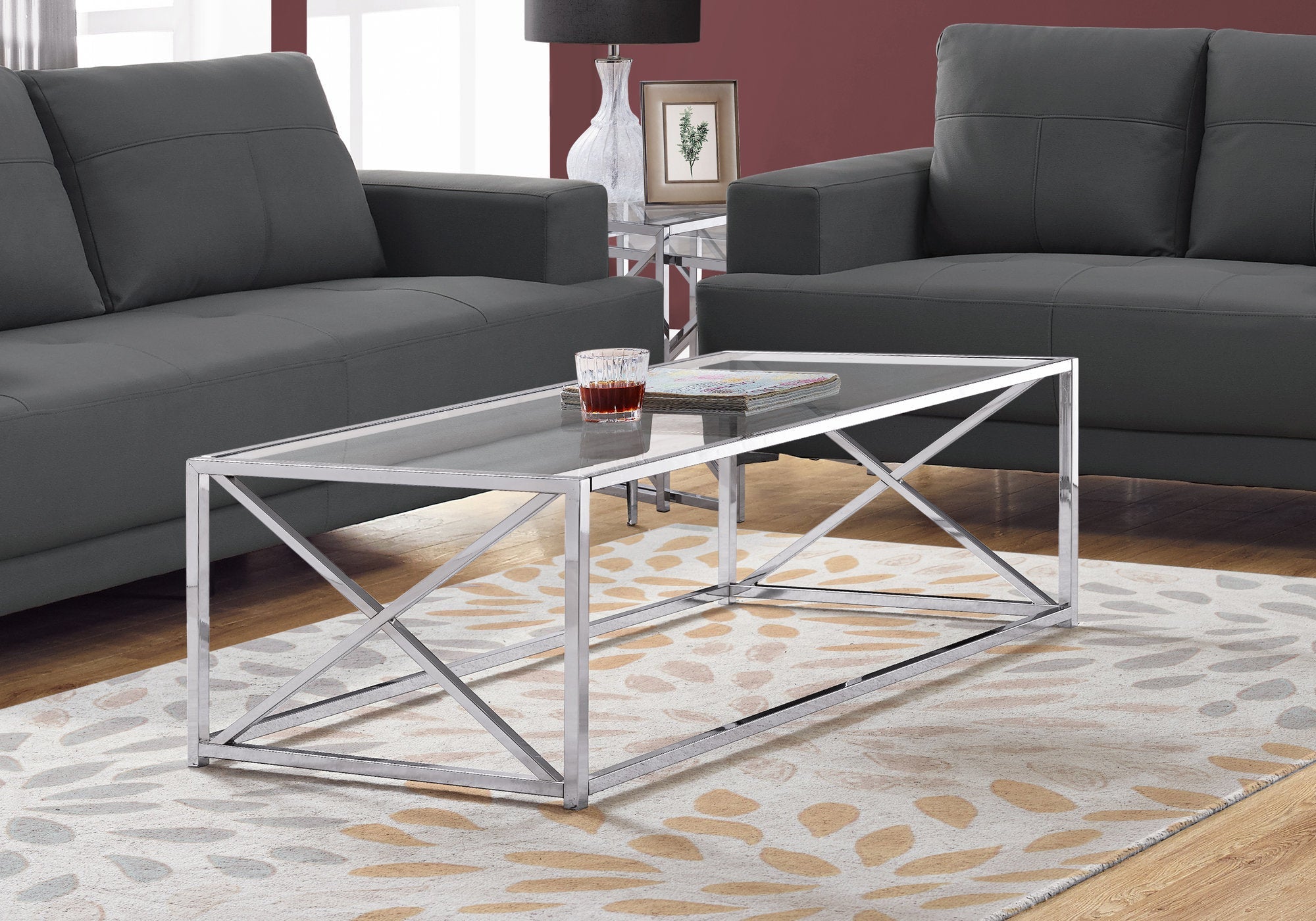 I 3440 Table A Café, Accent, Cocktail, Rectangulaire, Salon, 44"l, Métal, Verre Trempé, Chrome, Dégager, Contemporain, Moderne - Simple Boutique