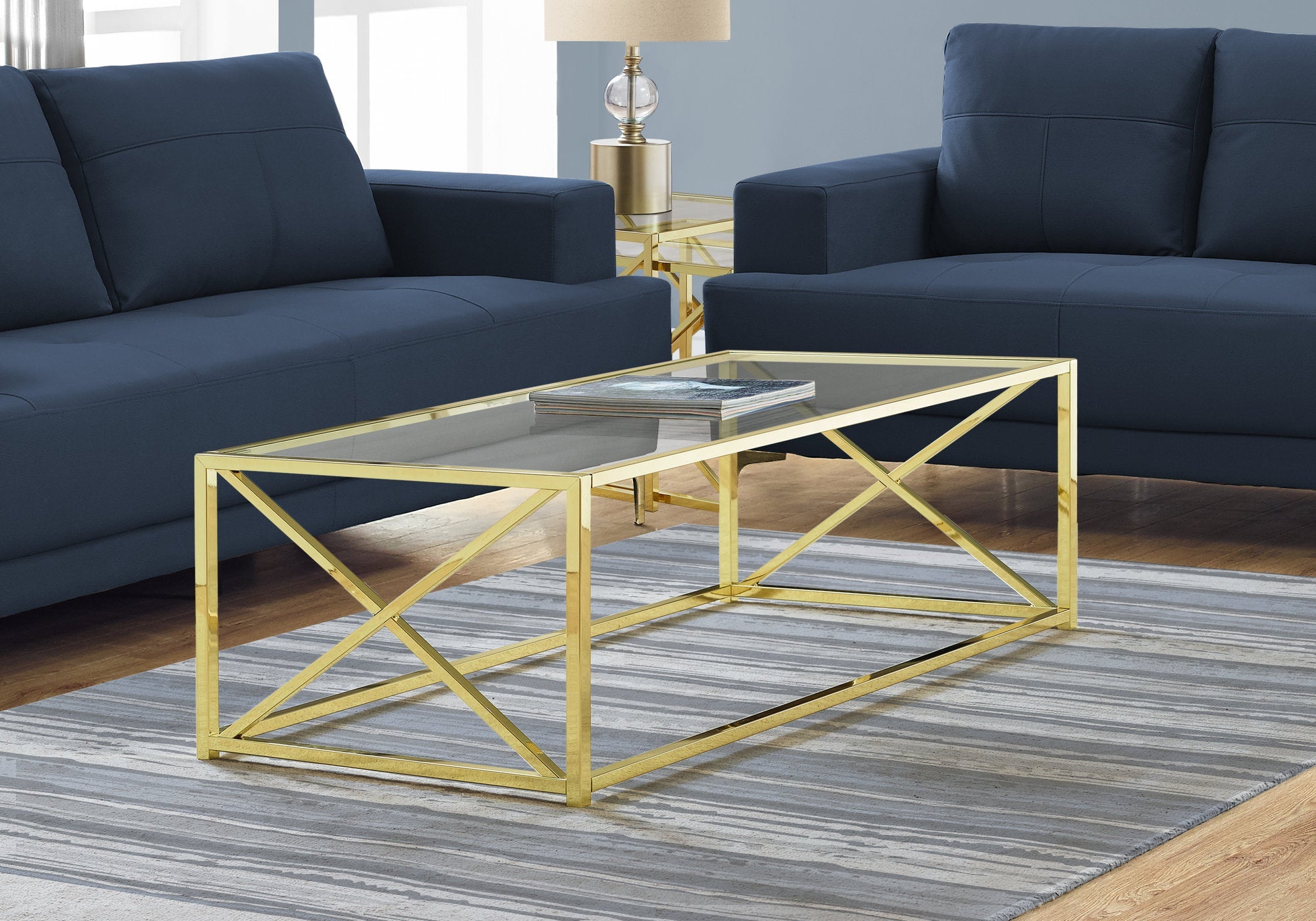I 3444 Table A Café, Accent, Cocktail, Rectangulaire, Salon, 44"l, Métal, Verre Trempé, Or, Contemporain, Moderne - Simple Boutique