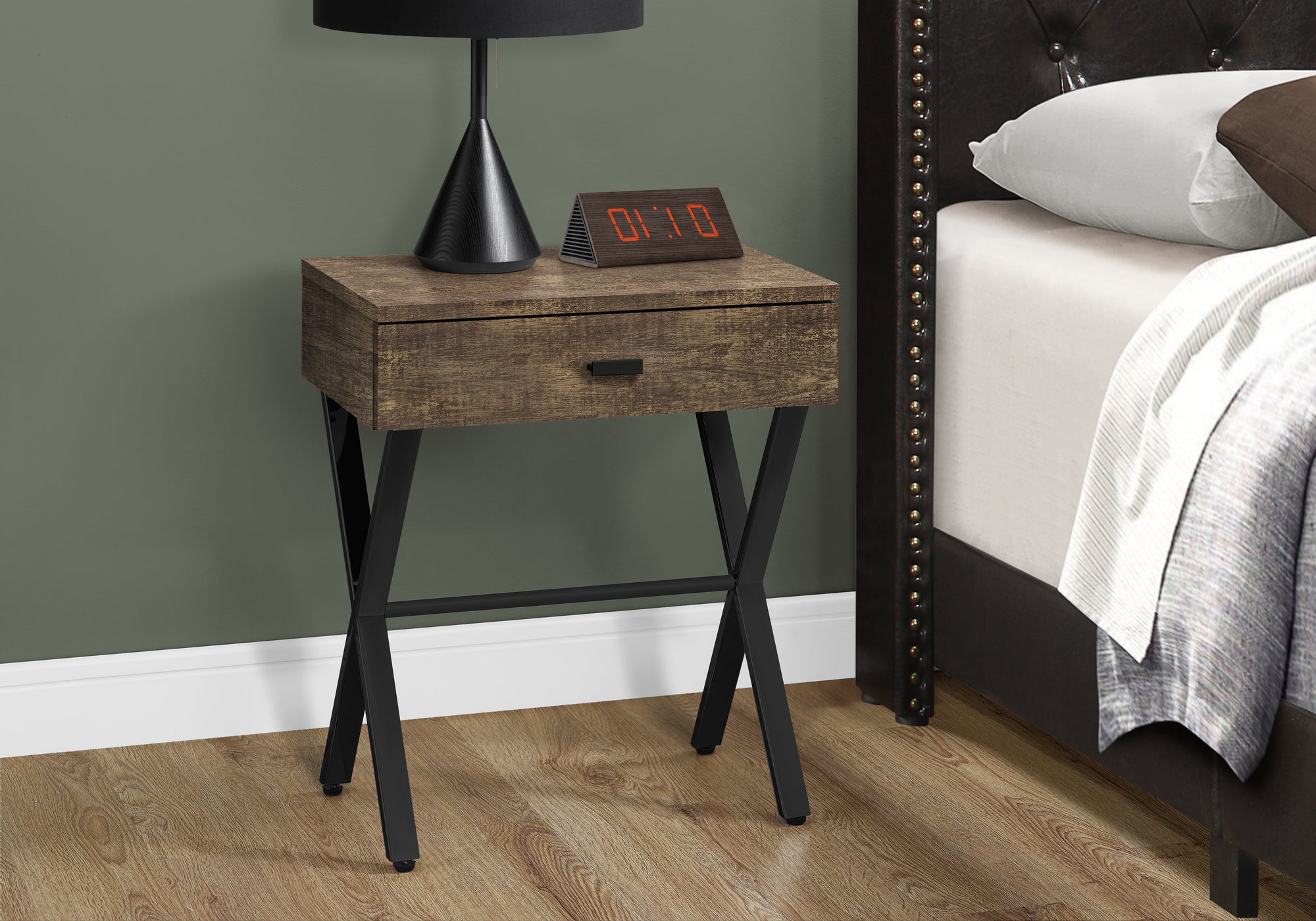 I 3450 Table D'appoint, Côté, Bout, Table De Nuit, Lampe, Tiroir De Rangement, Salon, Chambre À Coucher, Métal, Stratifié, Brun, Noir, Contemporain, Moderne - Simple Boutique