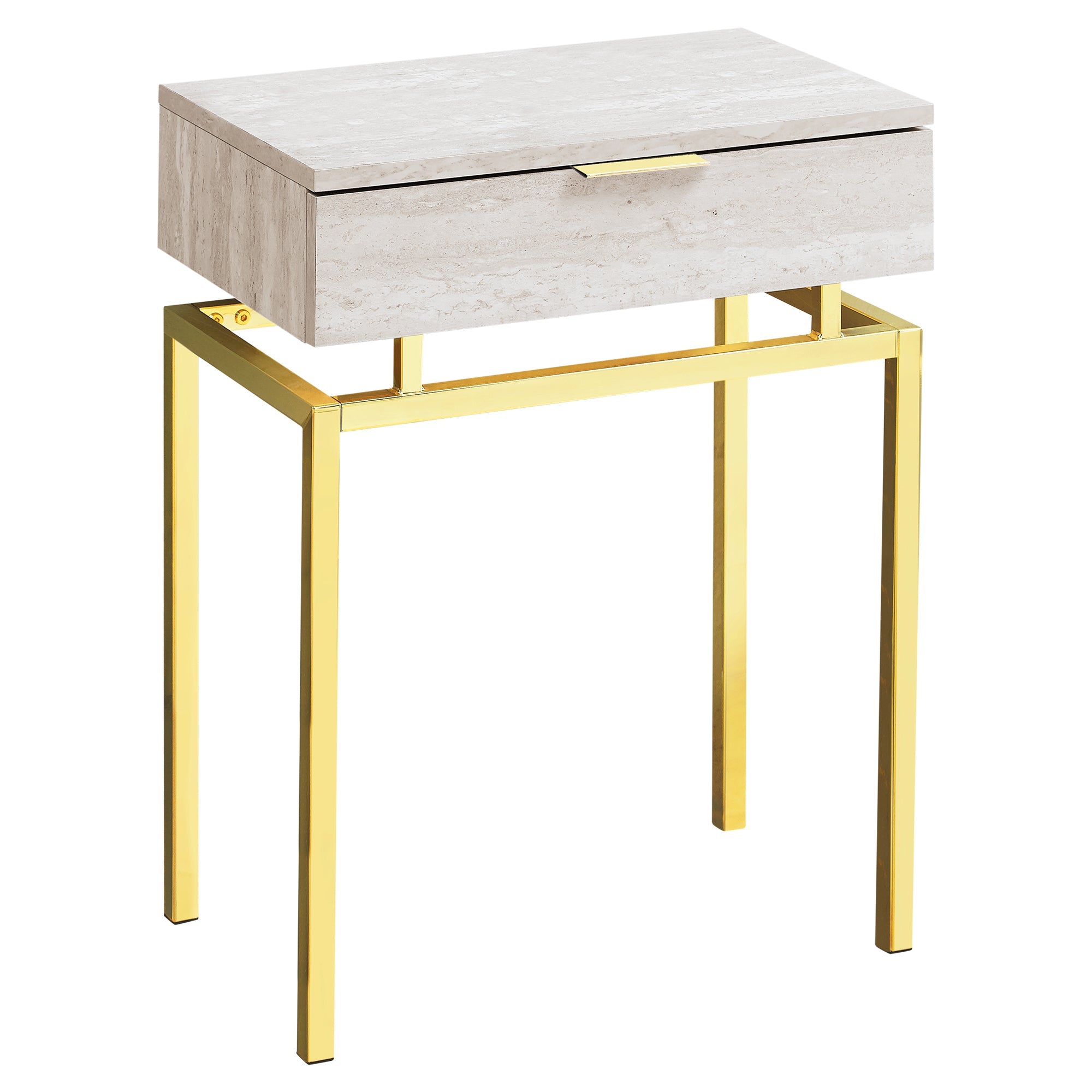 I 3463 Table D'appoint, Côté, Bout, Table De Nuit, Lampe, Tiroir De Rangement, Salon, Chambre À Coucher, Métal, Stratifié, D'aspect Marbre Beige, Or, Contemporain, Moderne - Simple Boutique