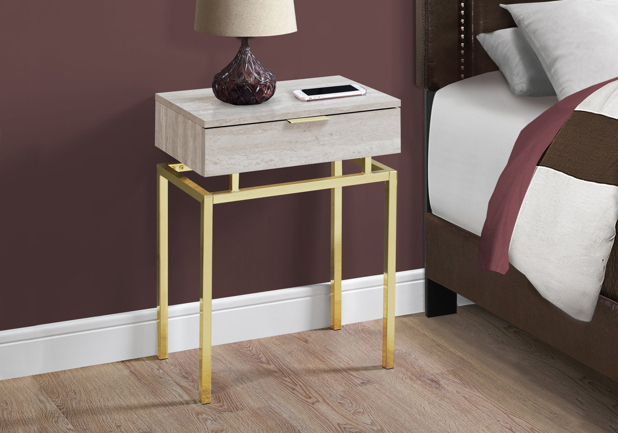 I 3463 Table D'appoint, Côté, Bout, Table De Nuit, Lampe, Tiroir De Rangement, Salon, Chambre À Coucher, Métal, Stratifié, D'aspect Marbre Beige, Or, Contemporain, Moderne - Simple Boutique