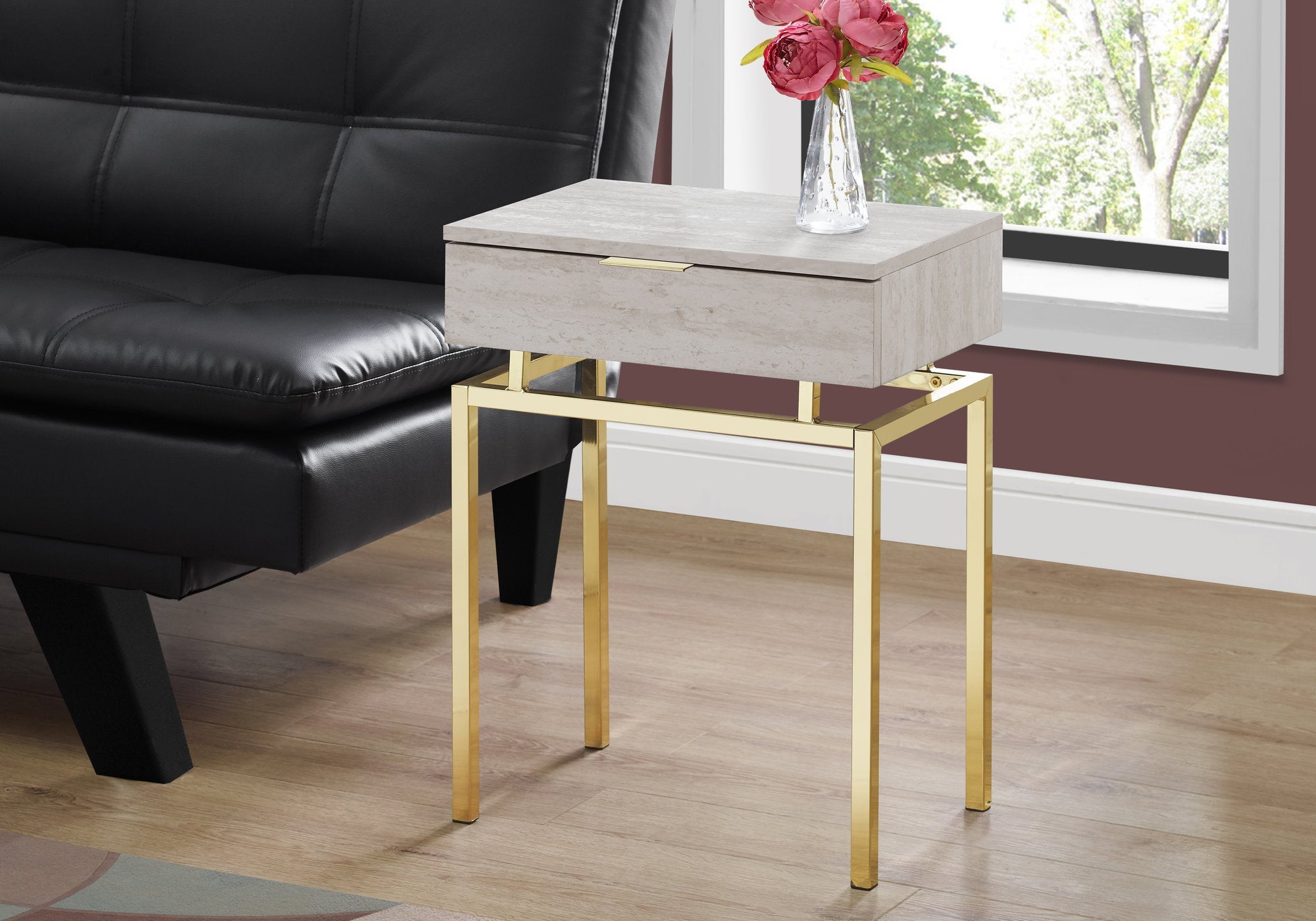 I 3463 Table D'appoint, Côté, Bout, Table De Nuit, Lampe, Tiroir De Rangement, Salon, Chambre À Coucher, Métal, Stratifié, D'aspect Marbre Beige, Or, Contemporain, Moderne - Simple Boutique
