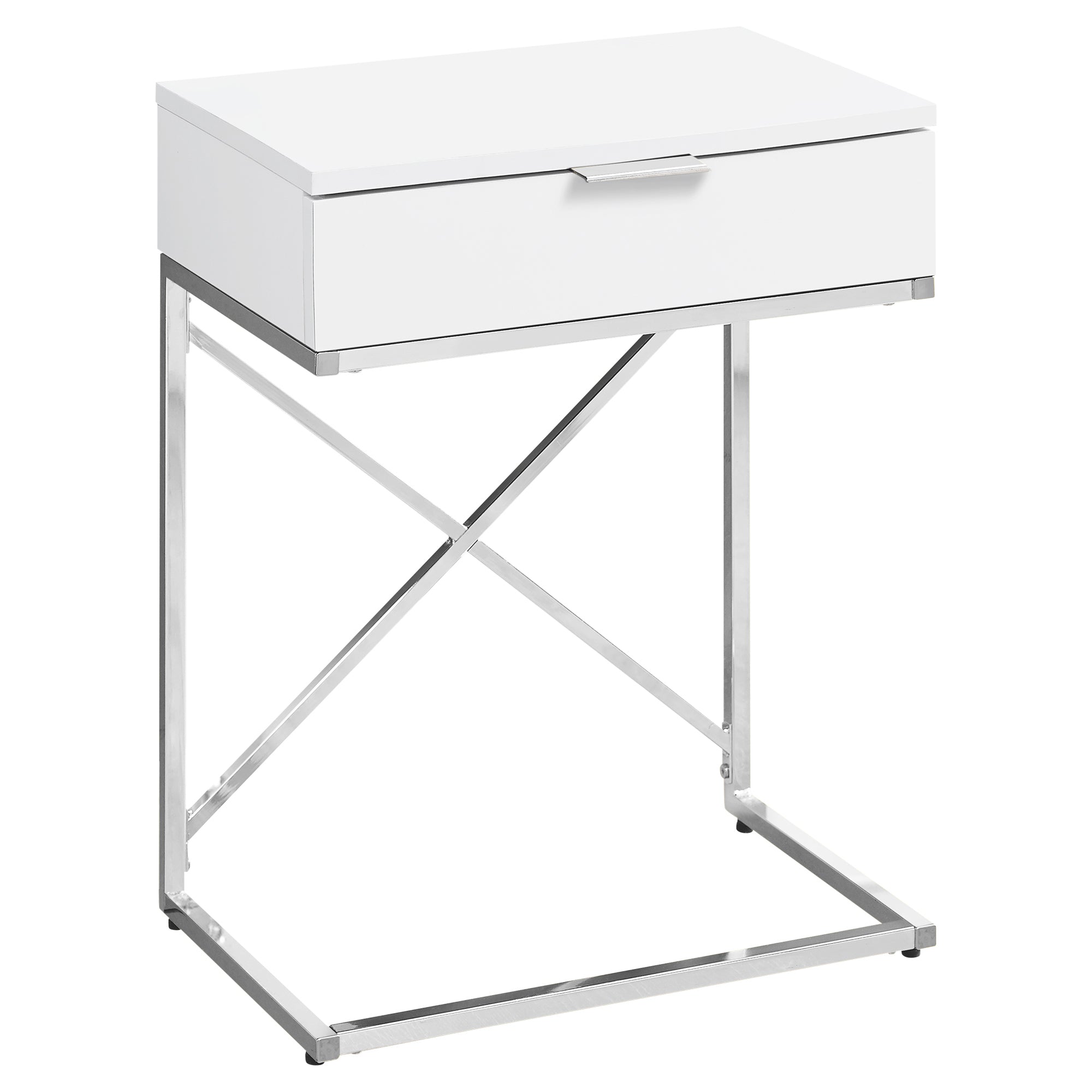 I 3470 Table D'appoint, Côté, Bout, Table De Nuit, Lampe, Tiroir De Rangement, Salon, Chambre À Coucher, Métal, Stratifié, Blanc Lustré, Chrome, Contemporain, Moderne - Simple Boutique