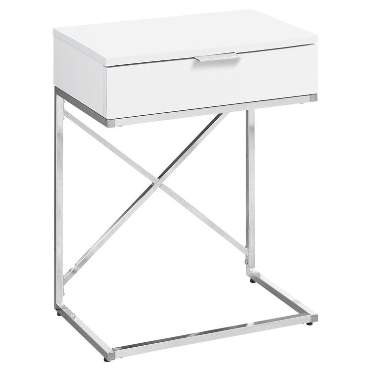 I 3470 Table D'appoint, Côté, Bout, Table De Nuit, Lampe, Tiroir De Rangement, Salon, Chambre À Coucher, Métal, Stratifié, Blanc Lustré, Chrome, Contemporain, Moderne - Simple Boutique