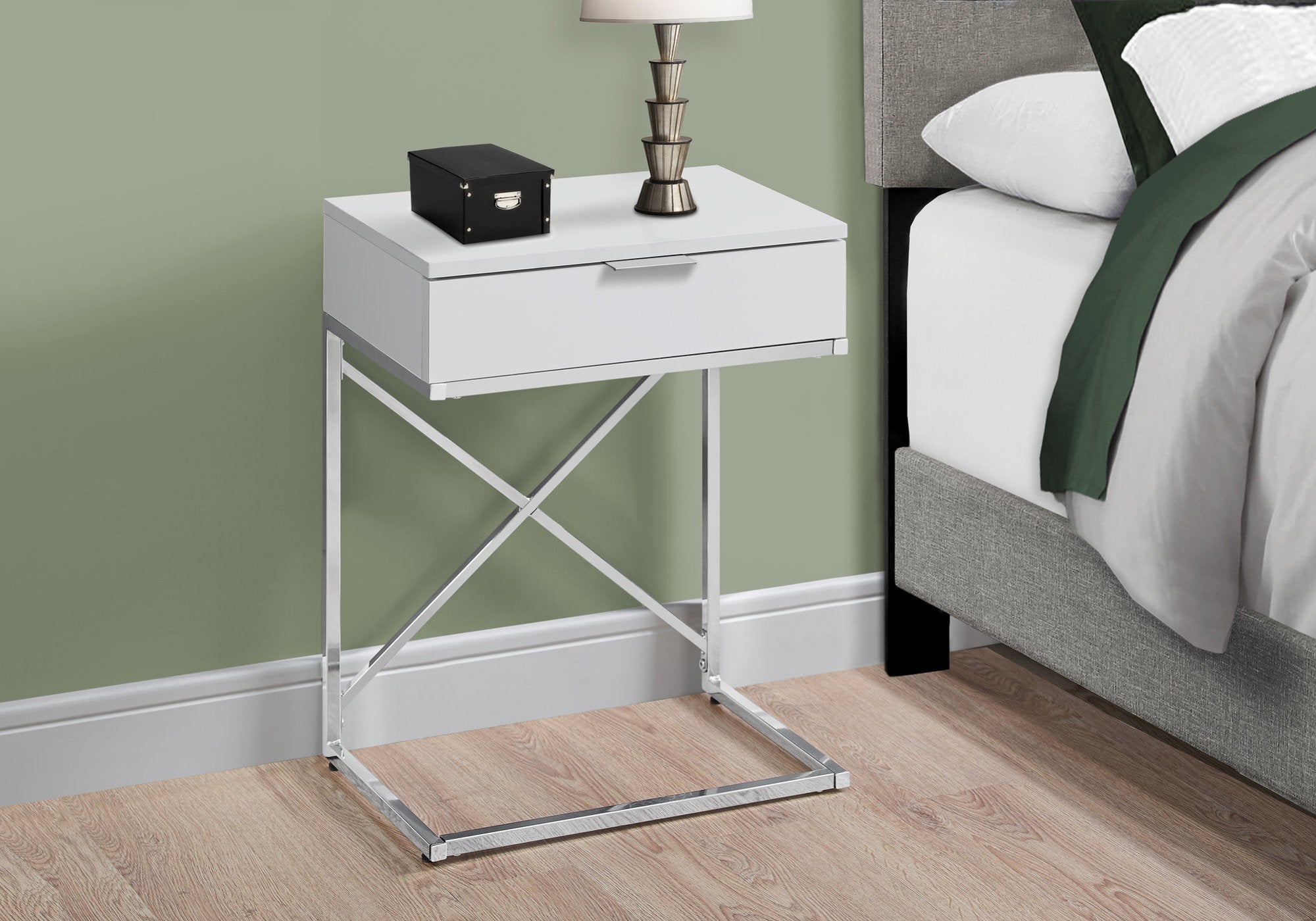 I 3470 Table D'appoint, Côté, Bout, Table De Nuit, Lampe, Tiroir De Rangement, Salon, Chambre À Coucher, Métal, Stratifié, Blanc Lustré, Chrome, Contemporain, Moderne - Simple Boutique