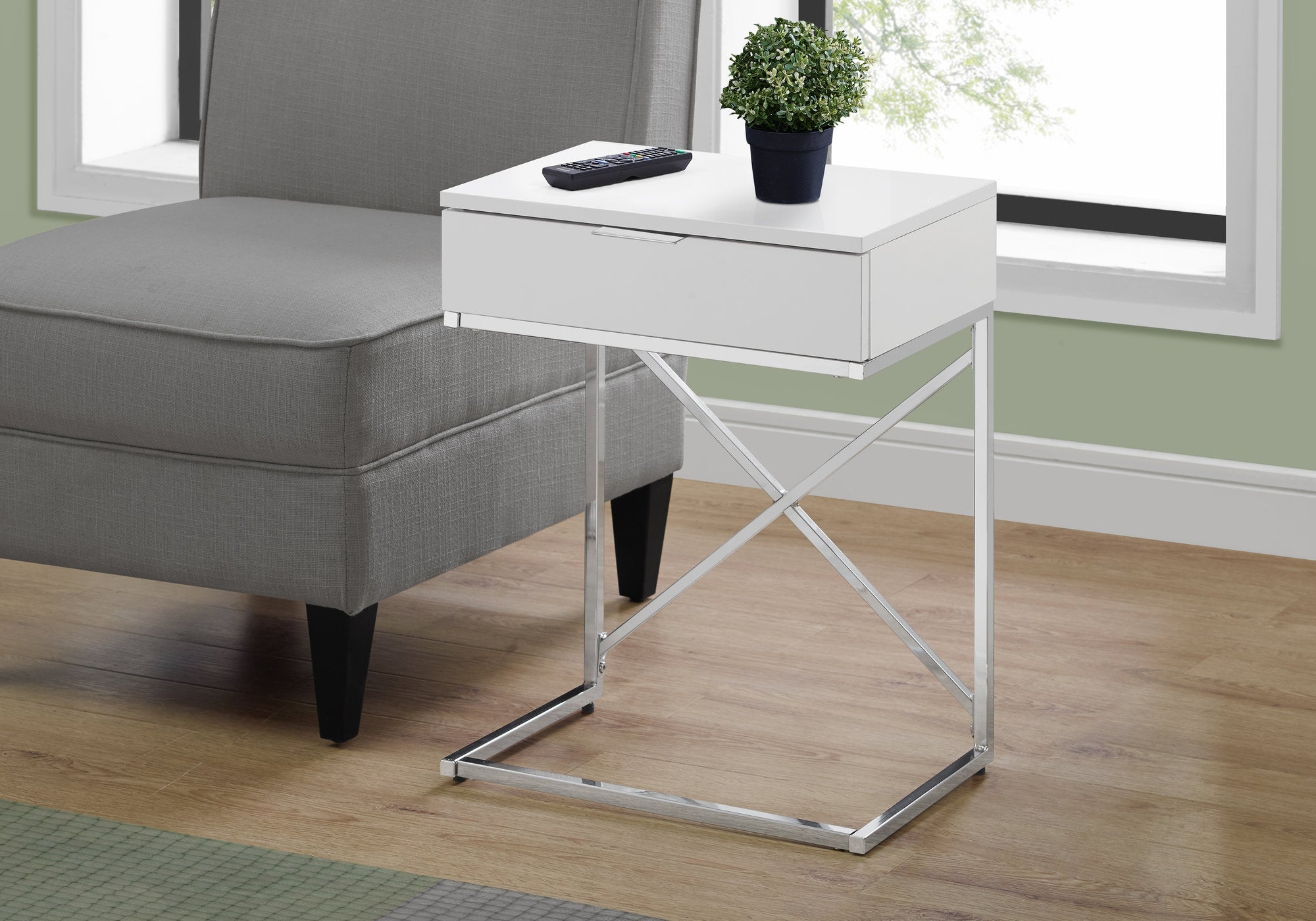 I 3470 Table D'appoint, Côté, Bout, Table De Nuit, Lampe, Tiroir De Rangement, Salon, Chambre À Coucher, Métal, Stratifié, Blanc Lustré, Chrome, Contemporain, Moderne - Simple Boutique