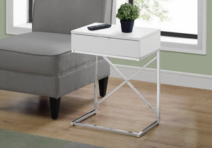 I 3470 Table D'appoint, Côté, Bout, Table De Nuit, Lampe, Tiroir De Rangement, Salon, Chambre À Coucher, Métal, Stratifié, Blanc Lustré, Chrome, Contemporain, Moderne - Simple Boutique