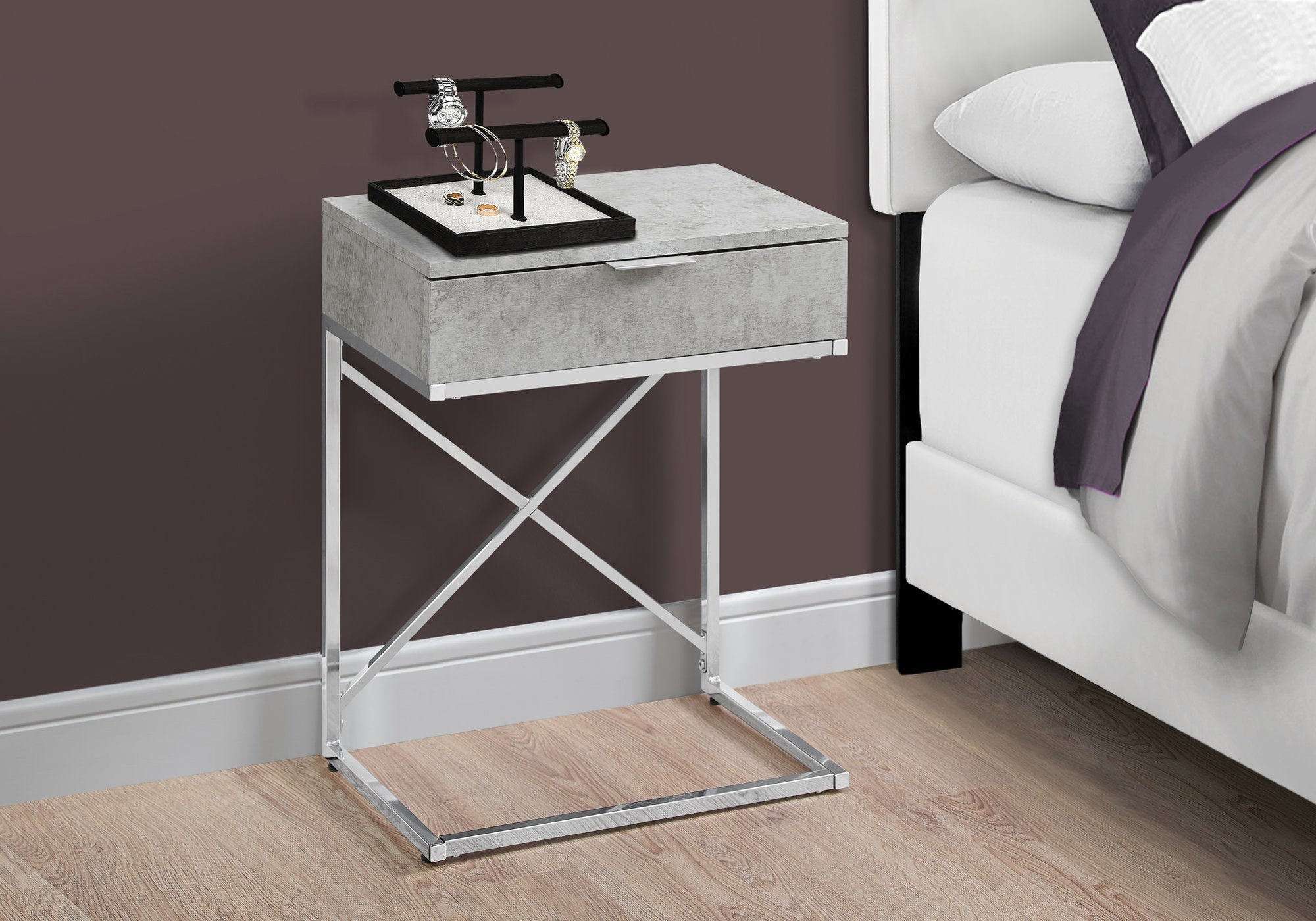 I 3471 Table D'appoint, Côté, Bout, Table De Nuit, Lampe, Tiroir De Rangement, Salon, Chambre À Coucher, Métal, Stratifié, Gris, Chrome, Contemporain, Moderne - Simple Boutique
