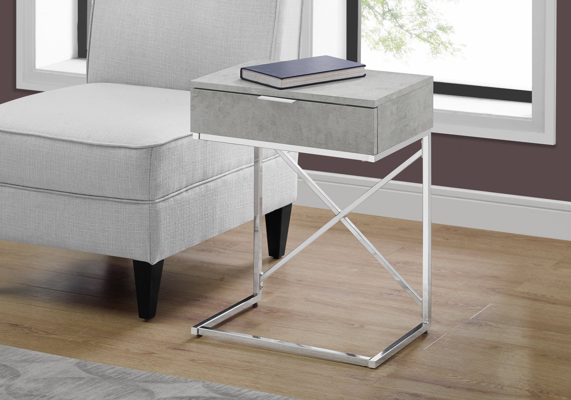 I 3471 Table D'appoint, Côté, Bout, Table De Nuit, Lampe, Tiroir De Rangement, Salon, Chambre À Coucher, Métal, Stratifié, Gris, Chrome, Contemporain, Moderne - Simple Boutique
