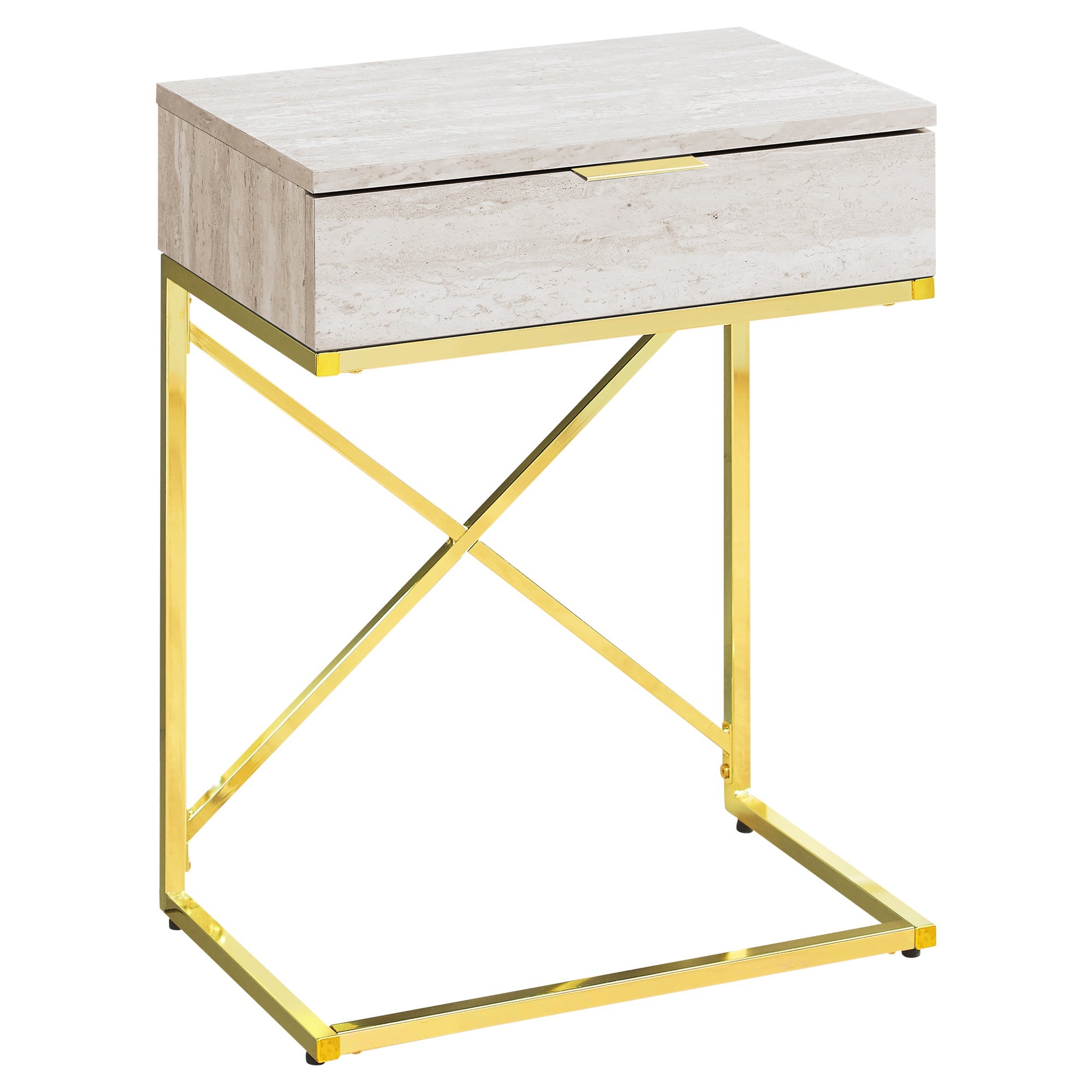 I 3473 Table D'appoint, Côté, Bout, Table De Nuit, Lampe, Tiroir De Rangement, Salon, Chambre À Coucher, Métal, Stratifié, D'aspect Marbre Beige, Or, Contemporain, Moderne - Simple Boutique