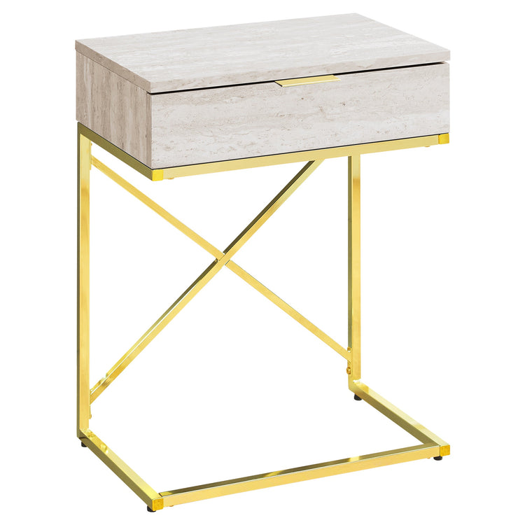 I 3473 Table D'appoint, Côté, Bout, Table De Nuit, Lampe, Tiroir De Rangement, Salon, Chambre À Coucher, Métal, Stratifié, D'aspect Marbre Beige, Or, Contemporain, Moderne - Simple Boutique