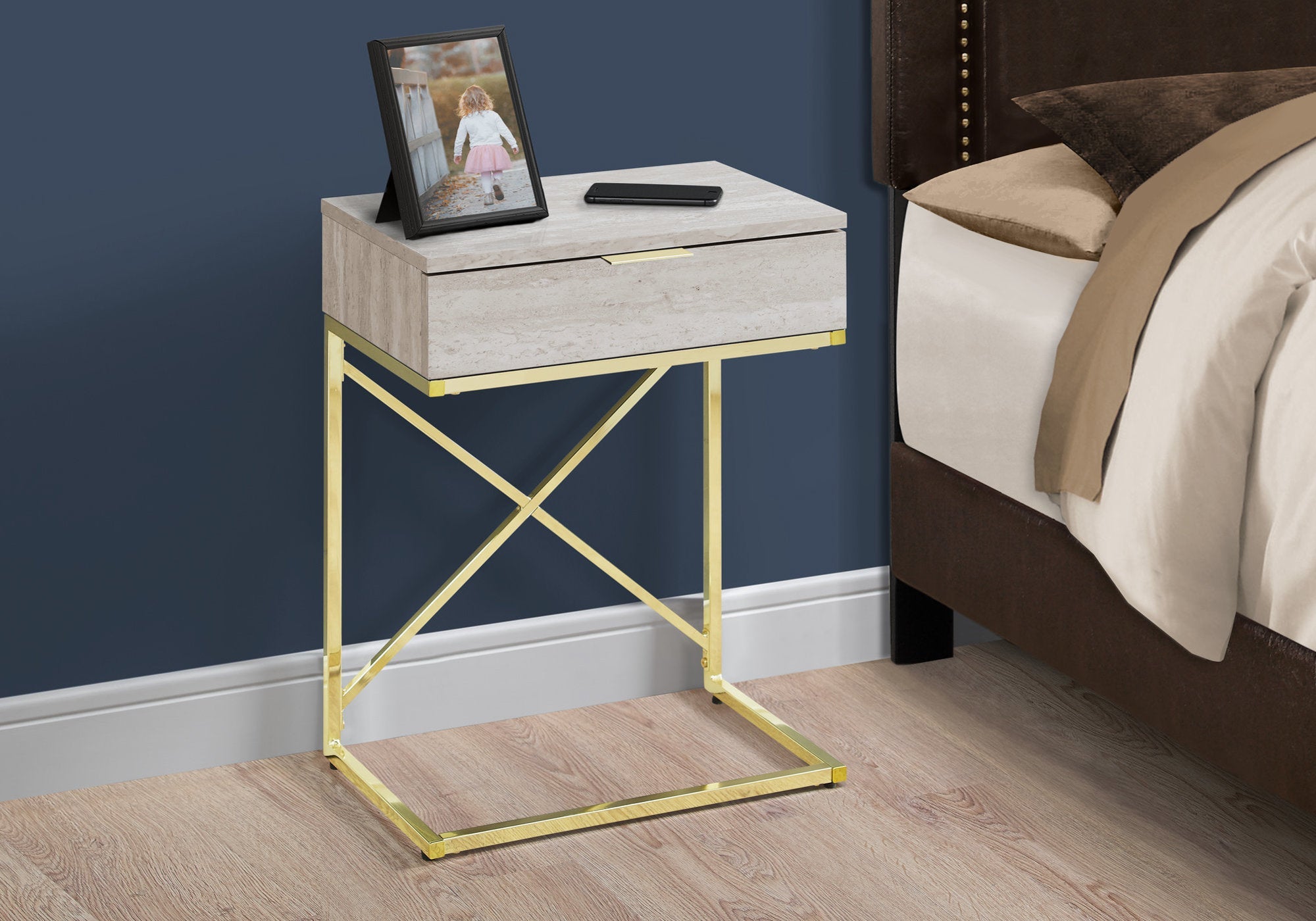 I 3473 Table D'appoint, Côté, Bout, Table De Nuit, Lampe, Tiroir De Rangement, Salon, Chambre À Coucher, Métal, Stratifié, D'aspect Marbre Beige, Or, Contemporain, Moderne - Simple Boutique