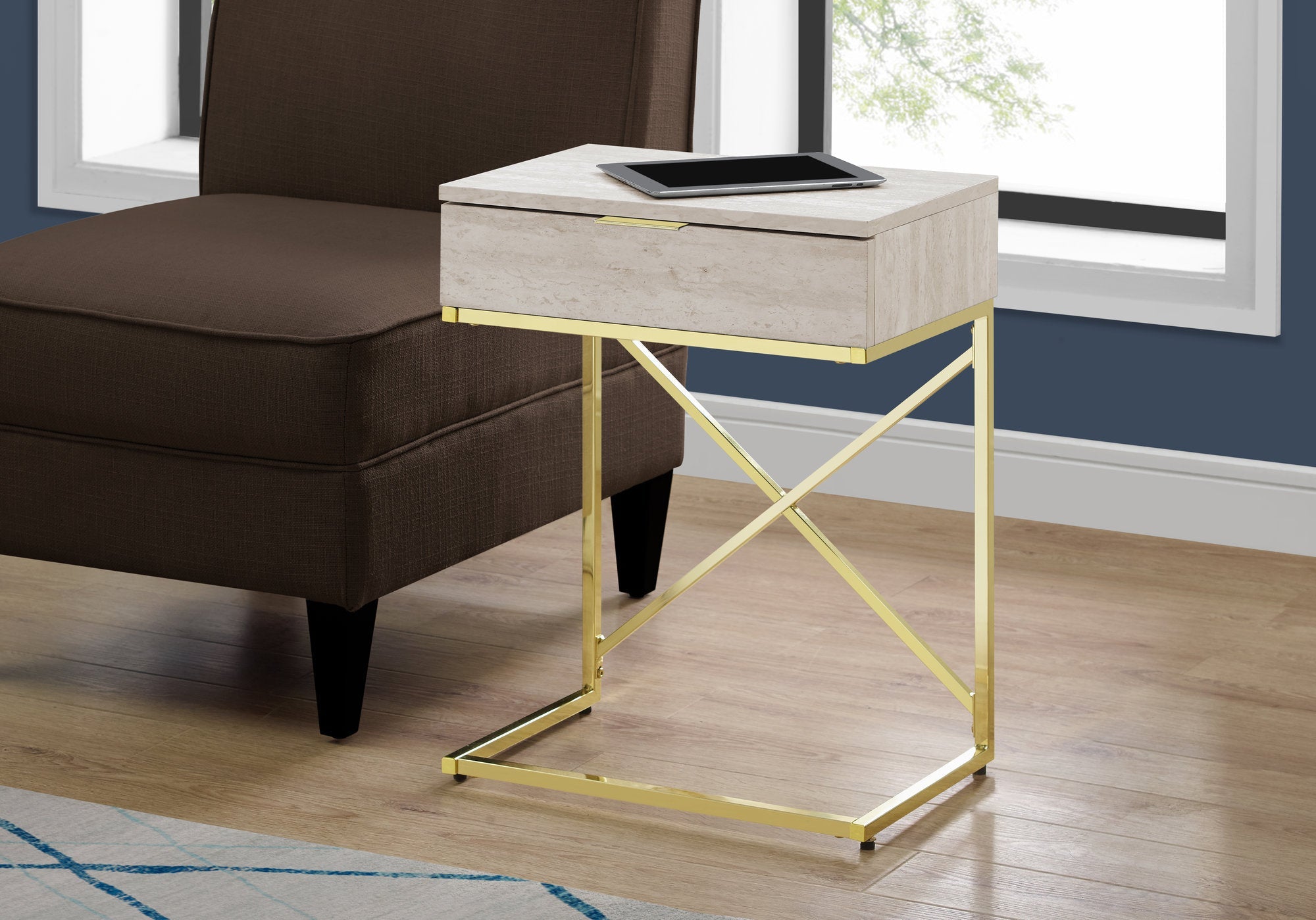 I 3473 Table D'appoint, Côté, Bout, Table De Nuit, Lampe, Tiroir De Rangement, Salon, Chambre À Coucher, Métal, Stratifié, D'aspect Marbre Beige, Or, Contemporain, Moderne - Simple Boutique
