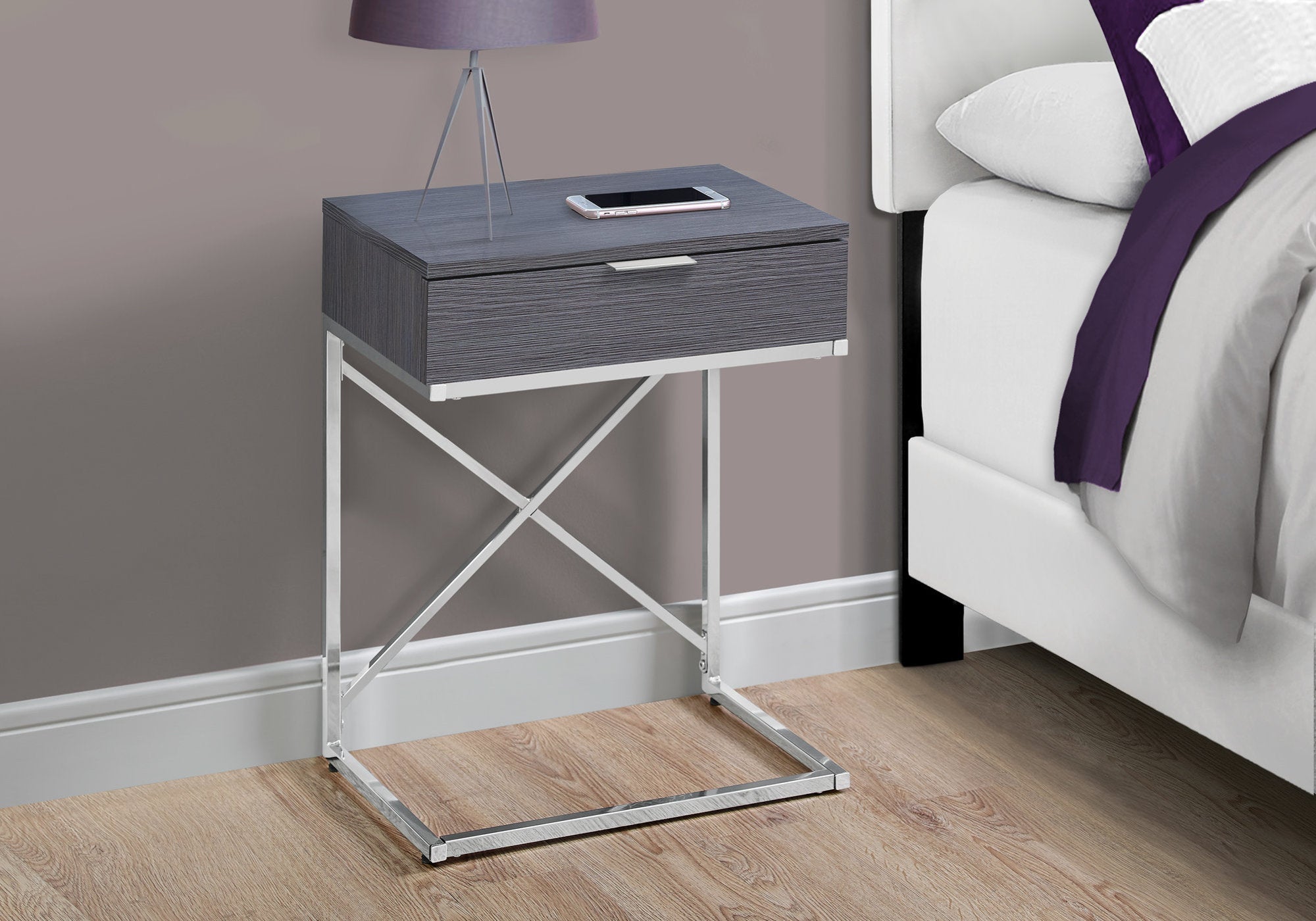 I 3474 Table D'appoint, Côté, Bout, Table De Nuit, Lampe, Tiroir De Rangement, Salon, Chambre À Coucher, Métal, Stratifié, Gris, Chrome, Contemporain, Moderne - Simple Boutique