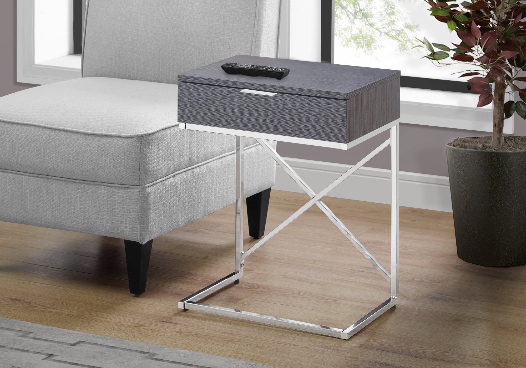 I 3474 Table D'appoint, Côté, Bout, Table De Nuit, Lampe, Tiroir De Rangement, Salon, Chambre À Coucher, Métal, Stratifié, Gris, Chrome, Contemporain, Moderne - Simple Boutique