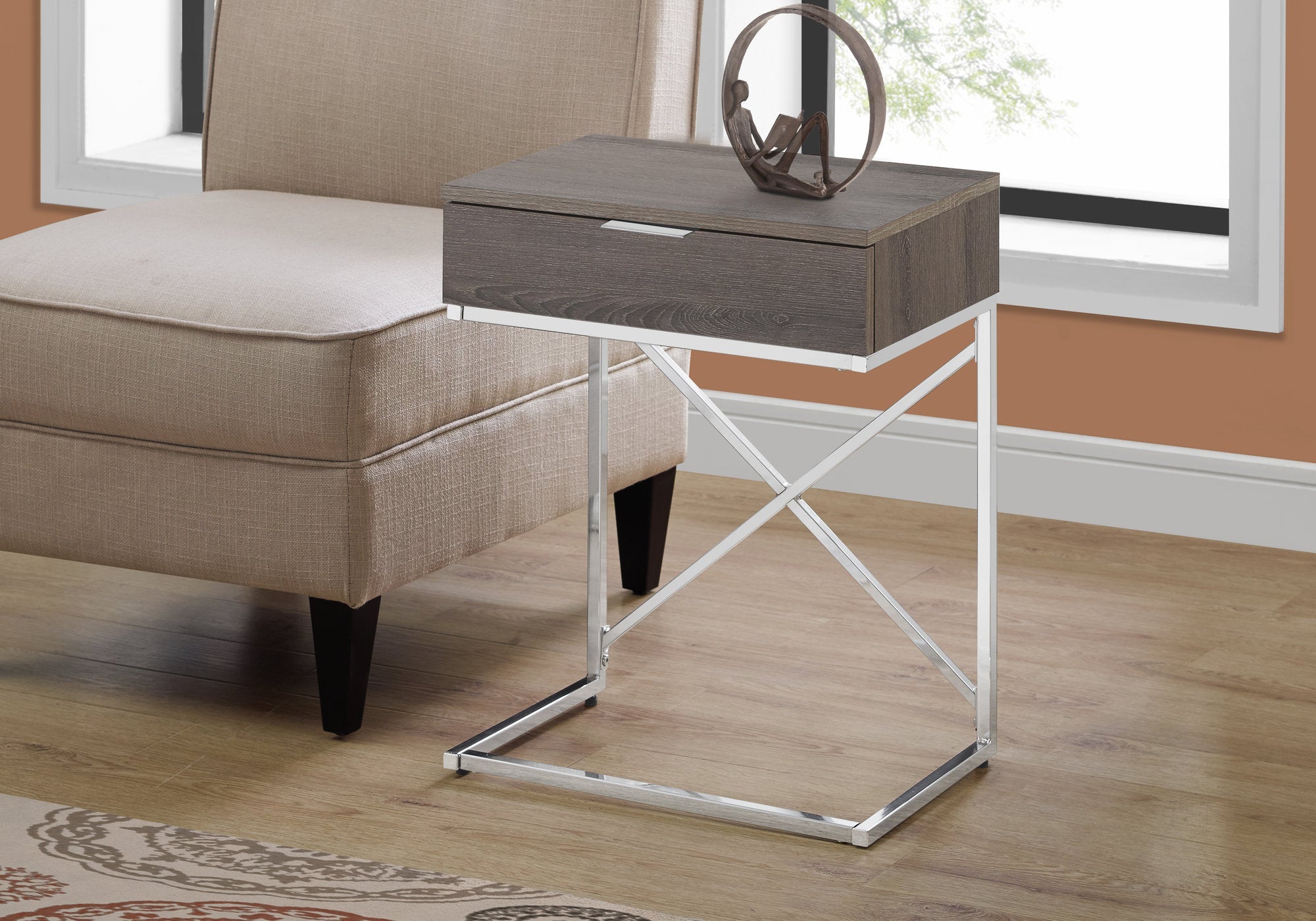 I 3475 Table D'appoint, Côté, Bout, Table De Nuit, Lampe, Tiroir De Rangement, Salon, Chambre À Coucher, Métal, Stratifié, Brun, Chrome, Contemporain, Moderne - Simple Boutique