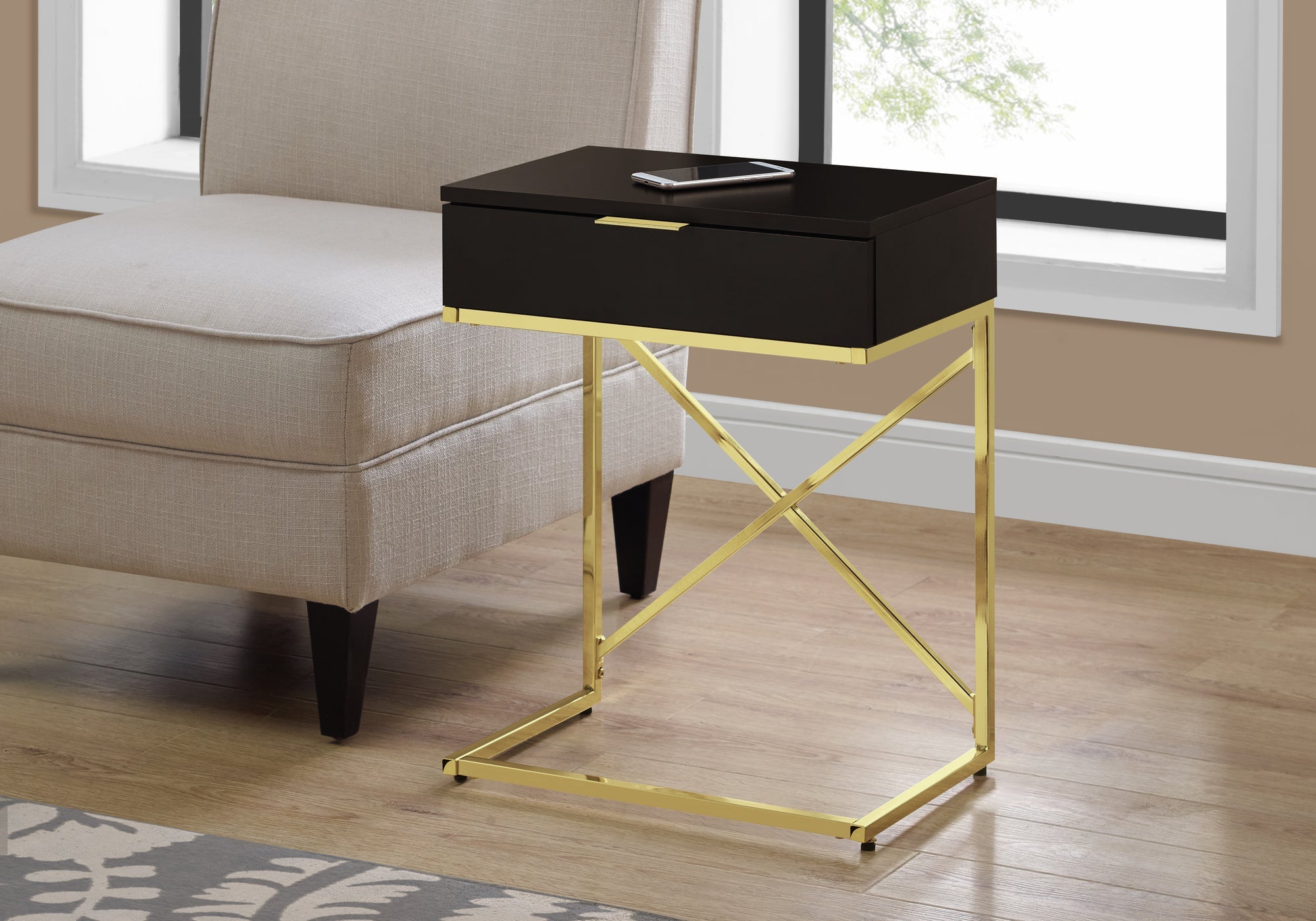 I 3476 Table D'appoint, Côté, Bout, Table De Nuit, Lampe, Tiroir De Rangement, Salon, Chambre À Coucher, Métal, Stratifié, Brun, Or, Contemporain, Moderne - Simple Boutique