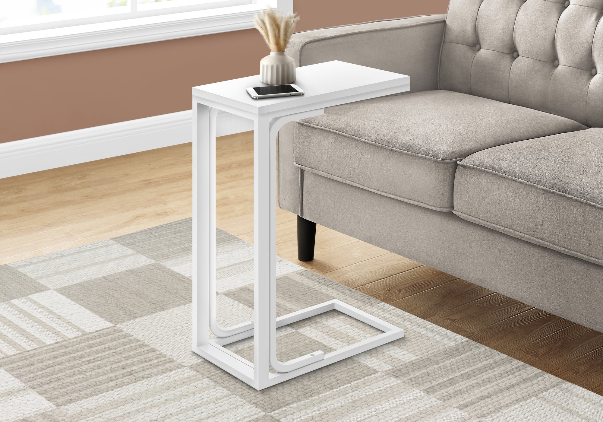 I 3478 Table D'appoint, En Forme De C, Bout, Côté, Collation, Salon, Chambre À Coucher, Métal, Stratifié, Blanc, Contemporain, Moderne - Simple Boutique