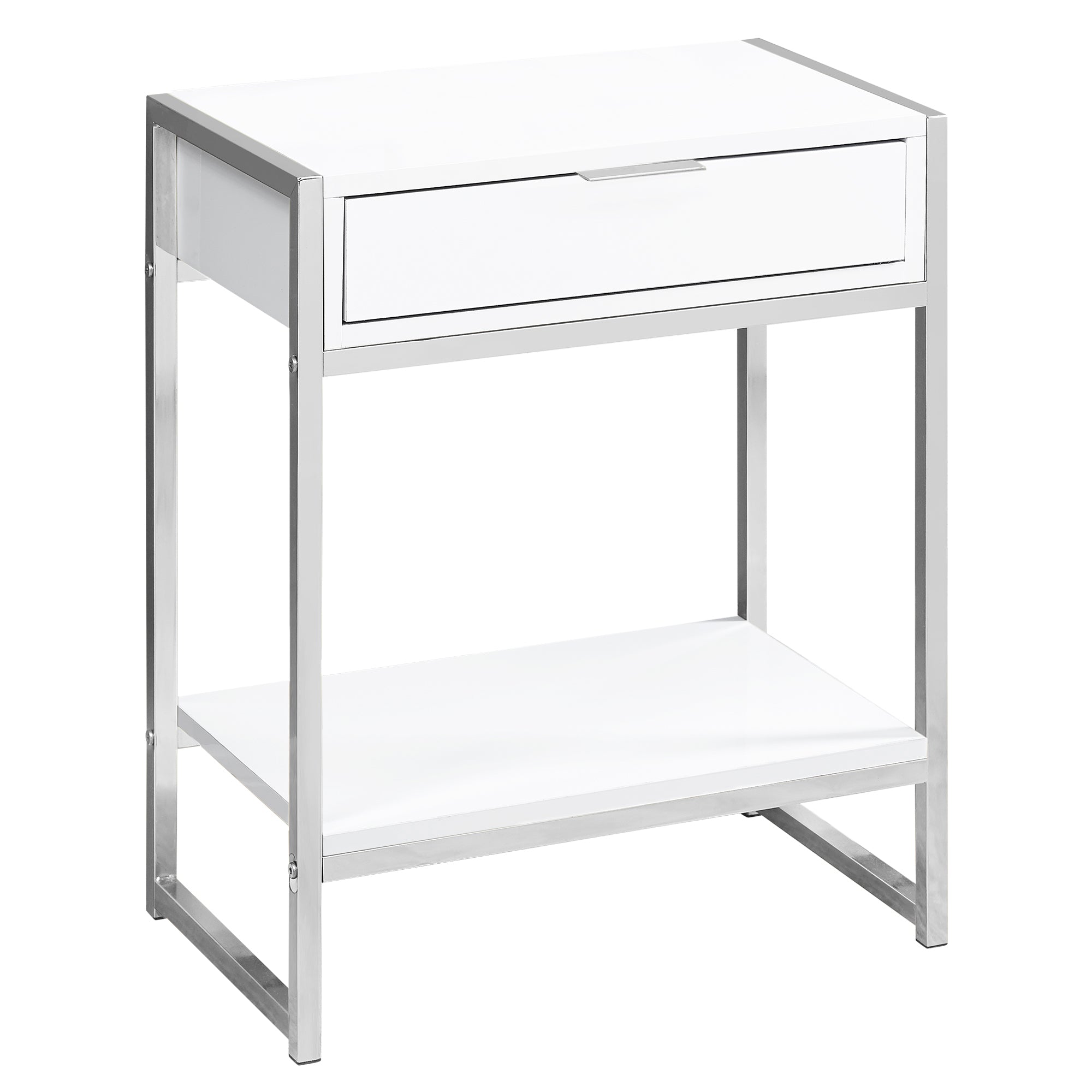 I 3480 Table D'appoint, Côté, Bout, Table De Nuit, Lampe, Tiroir De Rangement, Salon, Chambre À Coucher, Métal, Stratifié, Blanc Lustré, Chrome, Contemporain, Moderne - Simple Boutique