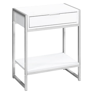 I 3480 Table D'appoint, Côté, Bout, Table De Nuit, Lampe, Tiroir De Rangement, Salon, Chambre À Coucher, Métal, Stratifié, Blanc Lustré, Chrome, Contemporain, Moderne - Simple Boutique