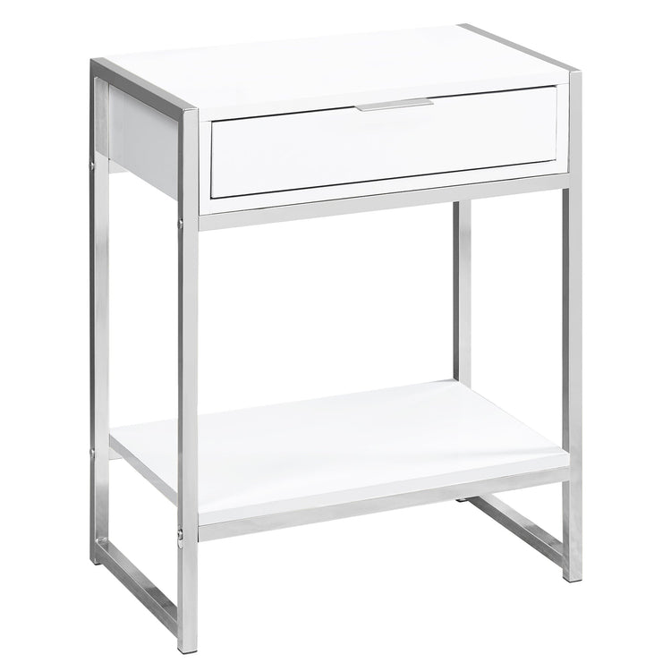 I 3480 Table D'appoint, Côté, Bout, Table De Nuit, Lampe, Tiroir De Rangement, Salon, Chambre À Coucher, Métal, Stratifié, Blanc Lustré, Chrome, Contemporain, Moderne - Simple Boutique