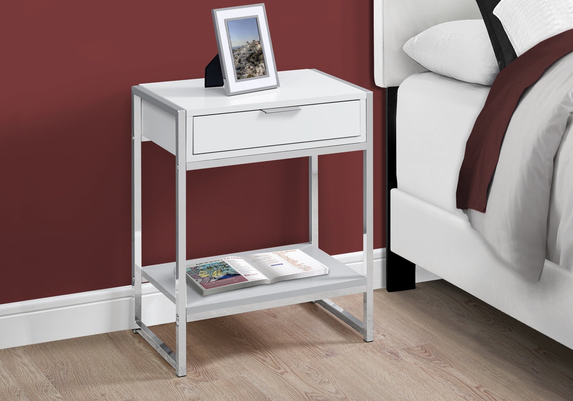 I 3480 Table D'appoint, Côté, Bout, Table De Nuit, Lampe, Tiroir De Rangement, Salon, Chambre À Coucher, Métal, Stratifié, Blanc Lustré, Chrome, Contemporain, Moderne - Simple Boutique