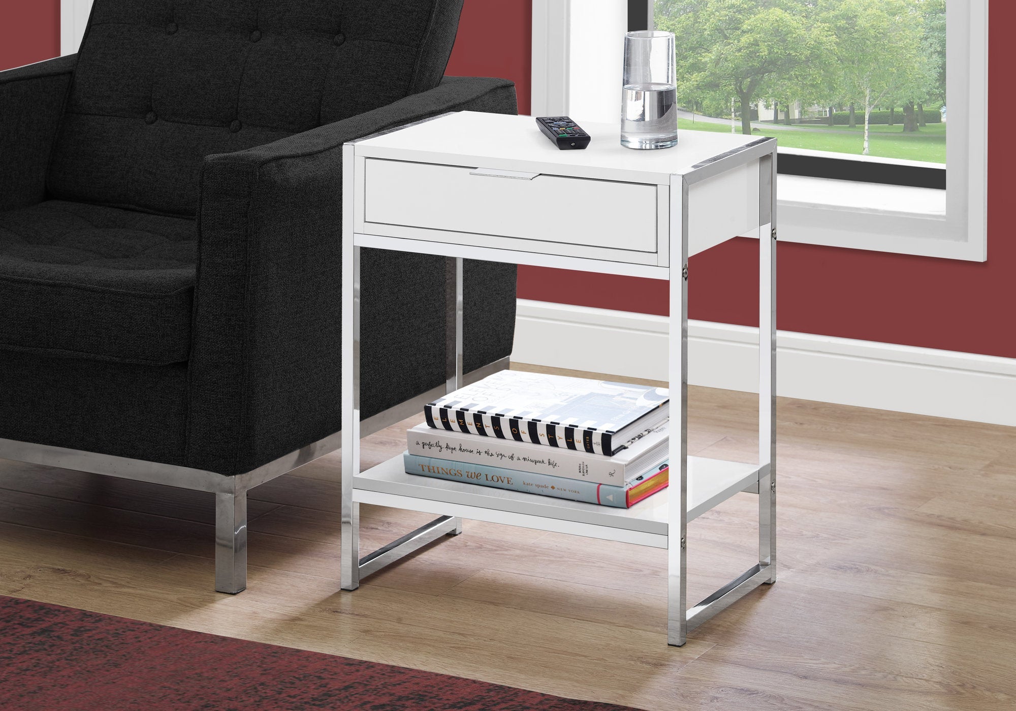 I 3480 Table D'appoint, Côté, Bout, Table De Nuit, Lampe, Tiroir De Rangement, Salon, Chambre À Coucher, Métal, Stratifié, Blanc Lustré, Chrome, Contemporain, Moderne - Simple Boutique