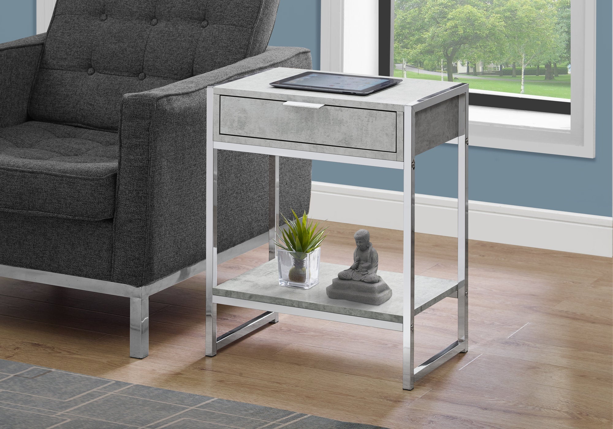 I 3481 Table D'appoint, Côté, Bout, Table De Nuit, Lampe, Tiroir De Rangement, Salon, Chambre À Coucher, Métal, Stratifié, Gris, Chrome, Contemporain, Moderne - Simple Boutique