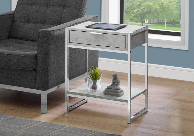 I 3481 Table D'appoint, Côté, Bout, Table De Nuit, Lampe, Tiroir De Rangement, Salon, Chambre À Coucher, Métal, Stratifié, Gris, Chrome, Contemporain, Moderne - Simple Boutique