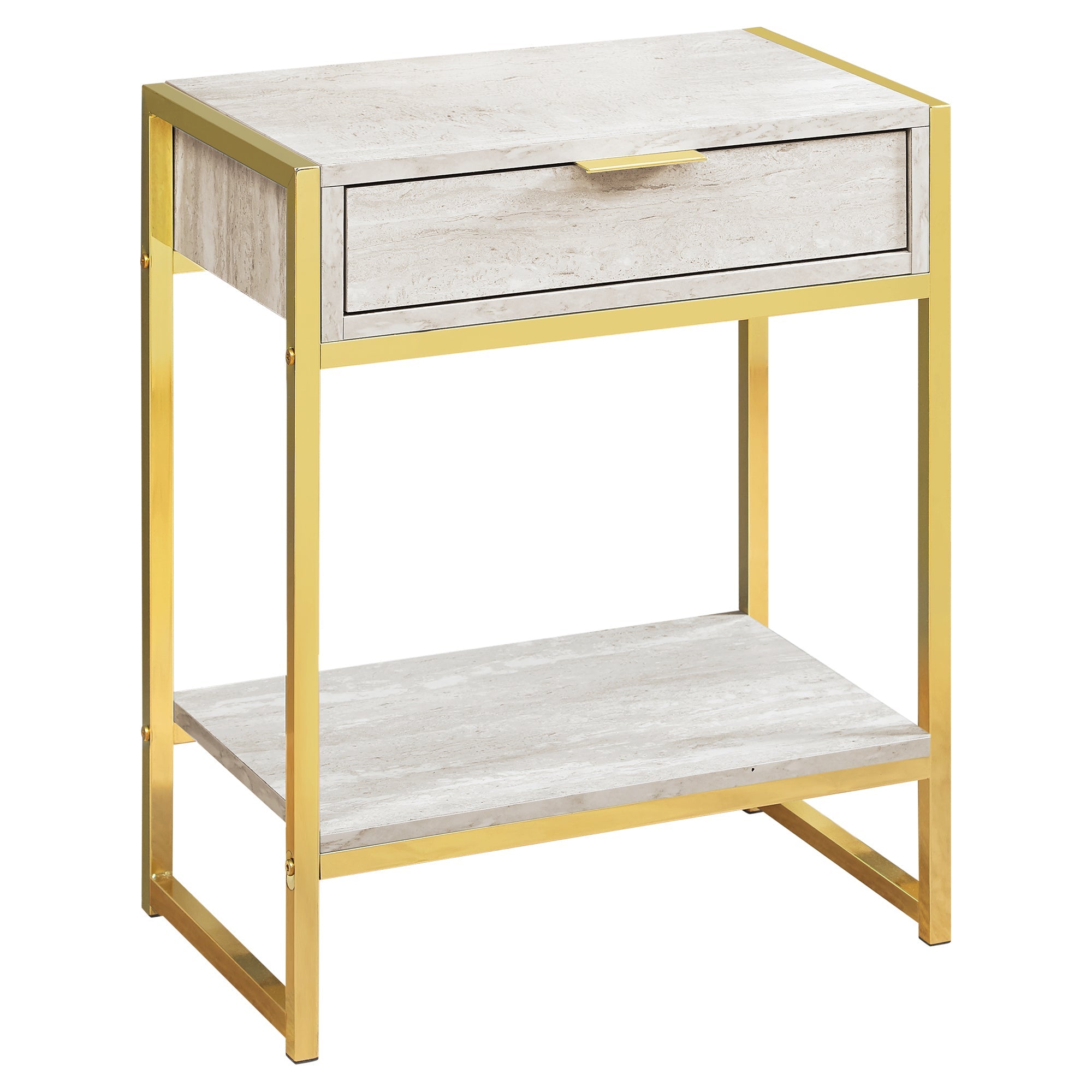 I 3483 Table D'appoint, Côté, Bout, Table De Nuit, Lampe, Tiroir De Rangement, Salon, Chambre À Coucher, Métal, Stratifié, D'aspect Marbre Beige, Or, Contemporain, Moderne - Simple Boutique