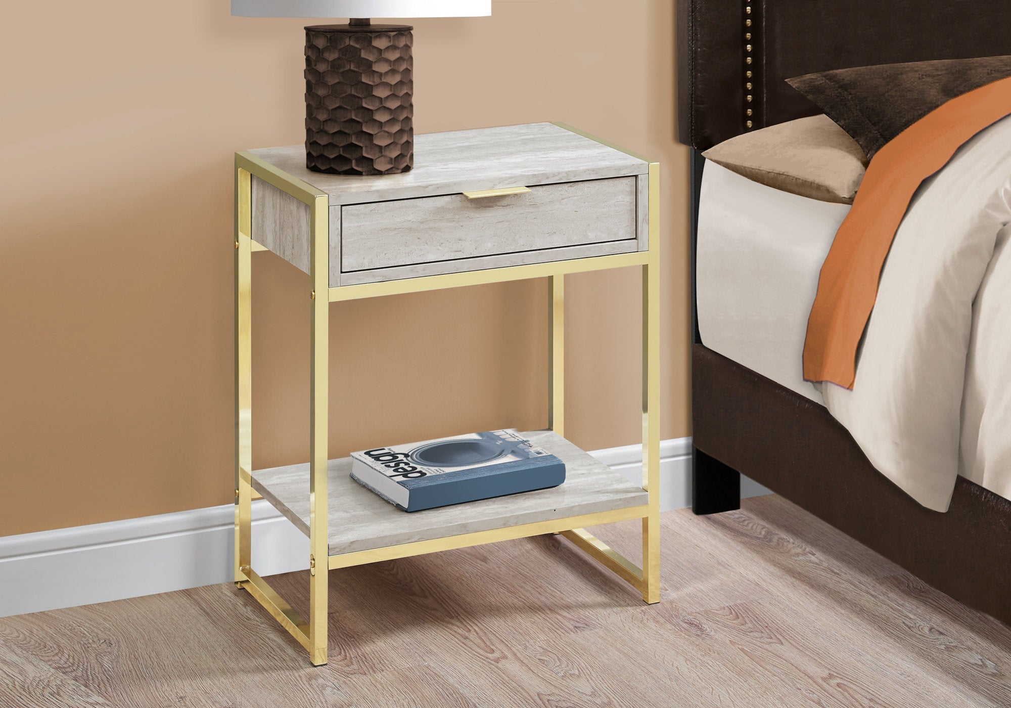 I 3483 Table D'appoint, Côté, Bout, Table De Nuit, Lampe, Tiroir De Rangement, Salon, Chambre À Coucher, Métal, Stratifié, D'aspect Marbre Beige, Or, Contemporain, Moderne - Simple Boutique